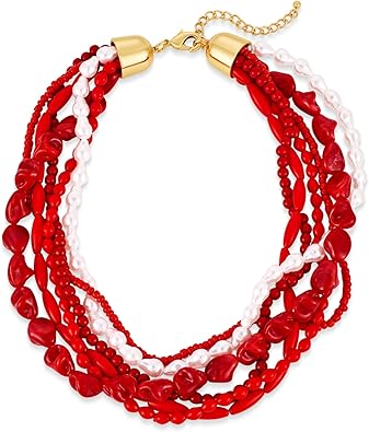 WOWORAMA Layered Choker Collar Necklace for Women Red Coral Beads Multi-Layer Statement Necklace Adjustable Chunky Layered Acrylic Choker Necklaces Trendy Jewelry