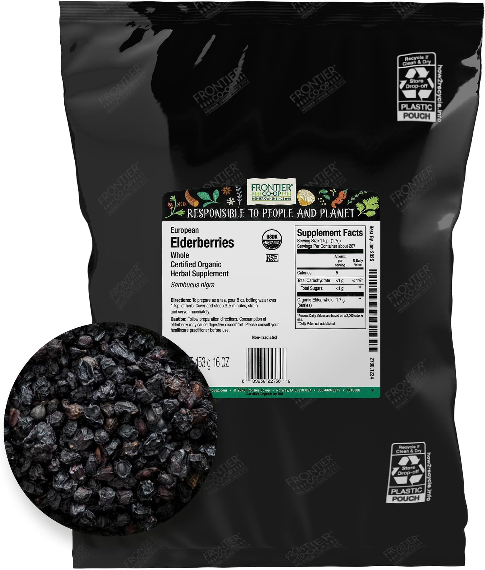Frontier Coop Organic Dried Elderberries, 1lb Bulk Bag