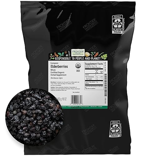 Frontier Co-op Anciano, Europeo, certificado orgánico, Kosher, no irradiado  1 lb Bolsa a granel  Sambucus denigra L.
