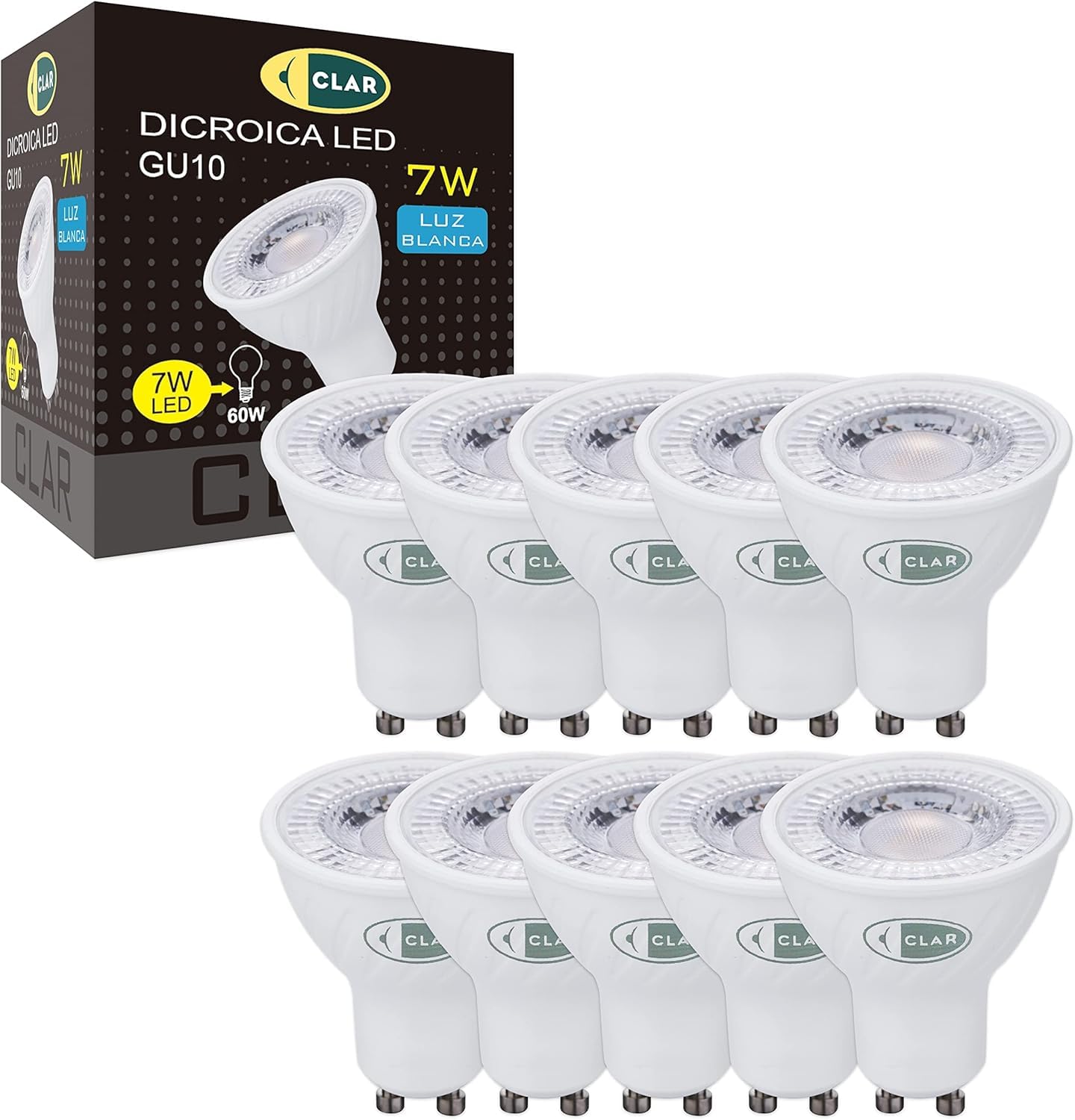 CLAR - 7W GU10 LED Bulb, GU10 LED Bulb, GU10 LED Spotlight, GU10 LED Bulb, GU10 LED Spot Light Neutral White 4000ºK (Pack of 10) — image 1