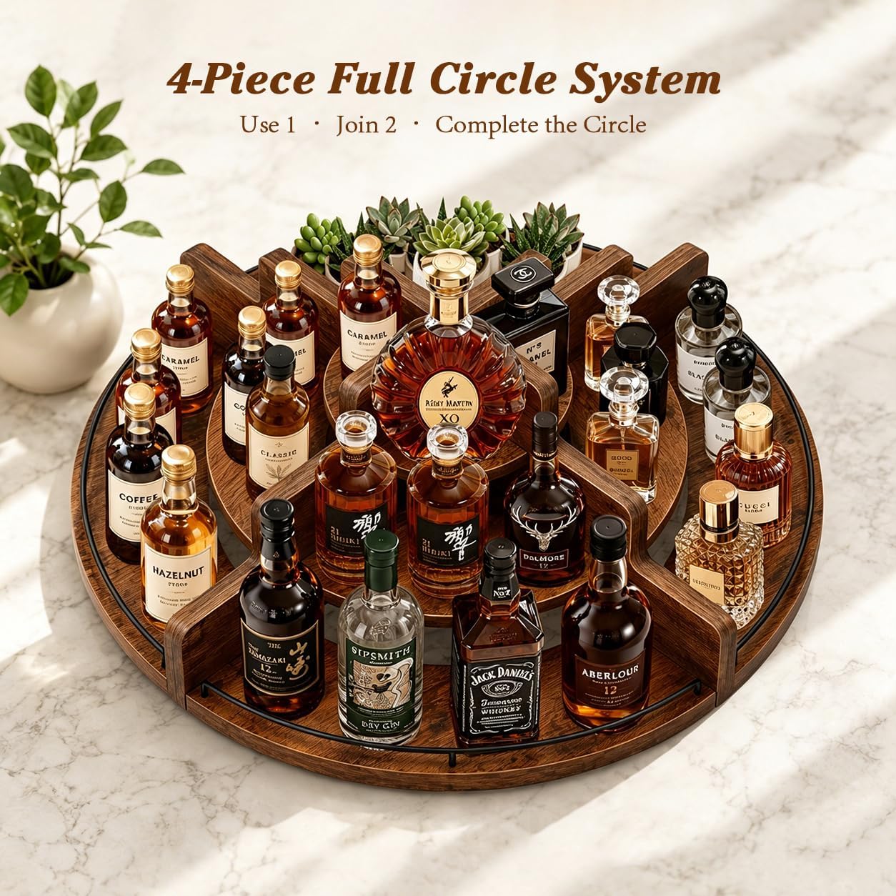 Corner Liquor Bottle Display Shelf, 3-Tier Modular Whiskey Rack Organizer, Metal & Wood Bar Shelf, Stackable 360° Round Display Stand for Home Bar, Kitchen Counter, Coffee Bar, Vanity, Man Cave