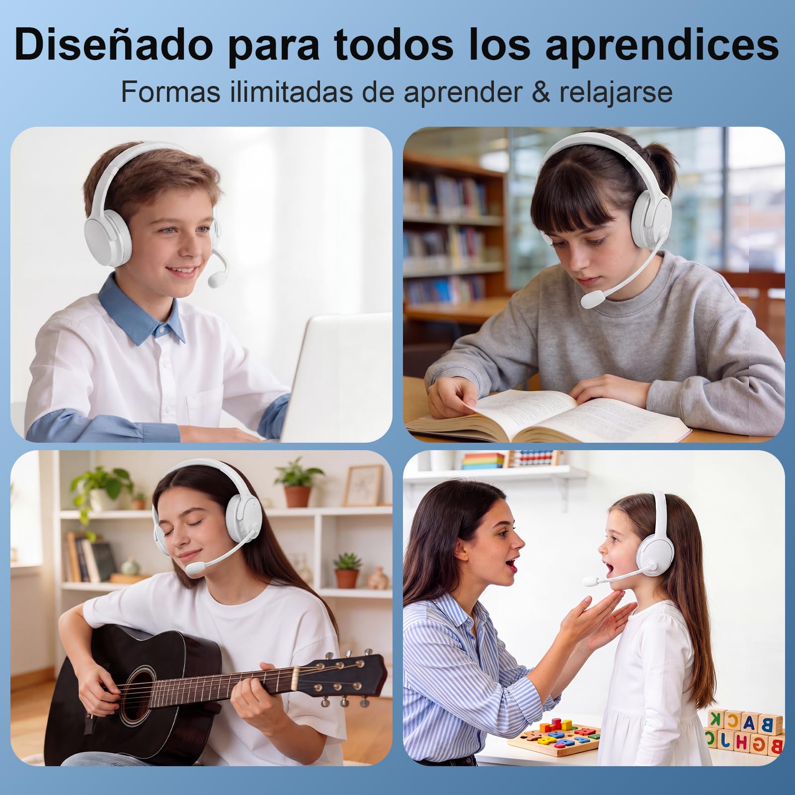 Auriculares Memory Learning, Bluetooth 5.3 con Eco Tiempo Real para Lectura, Entrenamiento de Idiomas & Aprendizaje Multisensorial, 20H Batería, Cascos Over-Ear Sin Latencia para Apoyo Educativo
