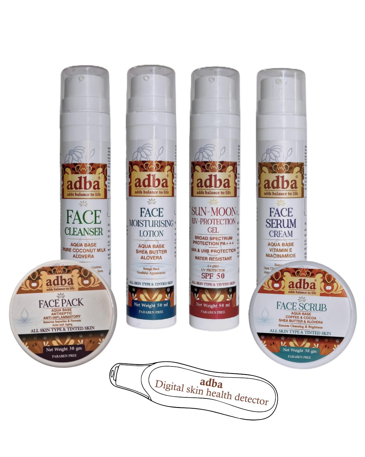 adba Complete Radiance Skin Health Beauty Kit | 7-in-1 with Aqua-Based Cleanser, Moisturiser, SPF 50+++ Gel, Serum, Scrub & Pack , Digital Skin Health Monitor | Hydrate Protect Nourish Glow | Men & Women |-image-38