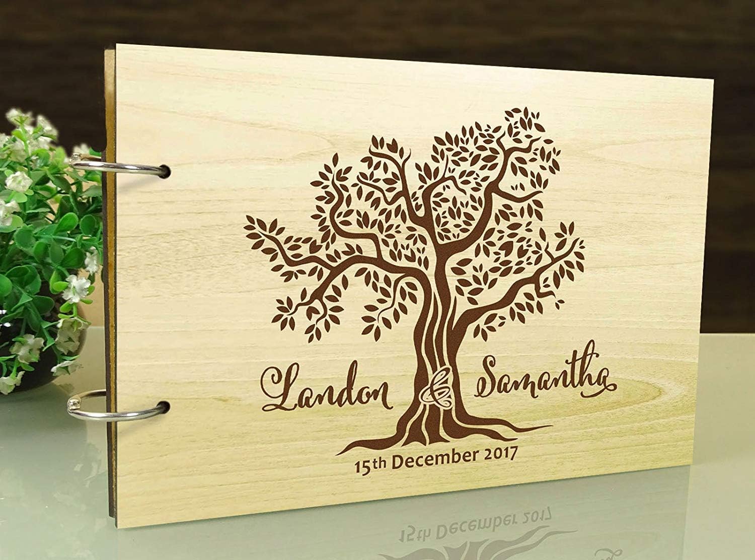 Darling Souvenir Custom Rustic Wedding Guest Book Wood Engraved Tree Design Bride & Groom Advice Book