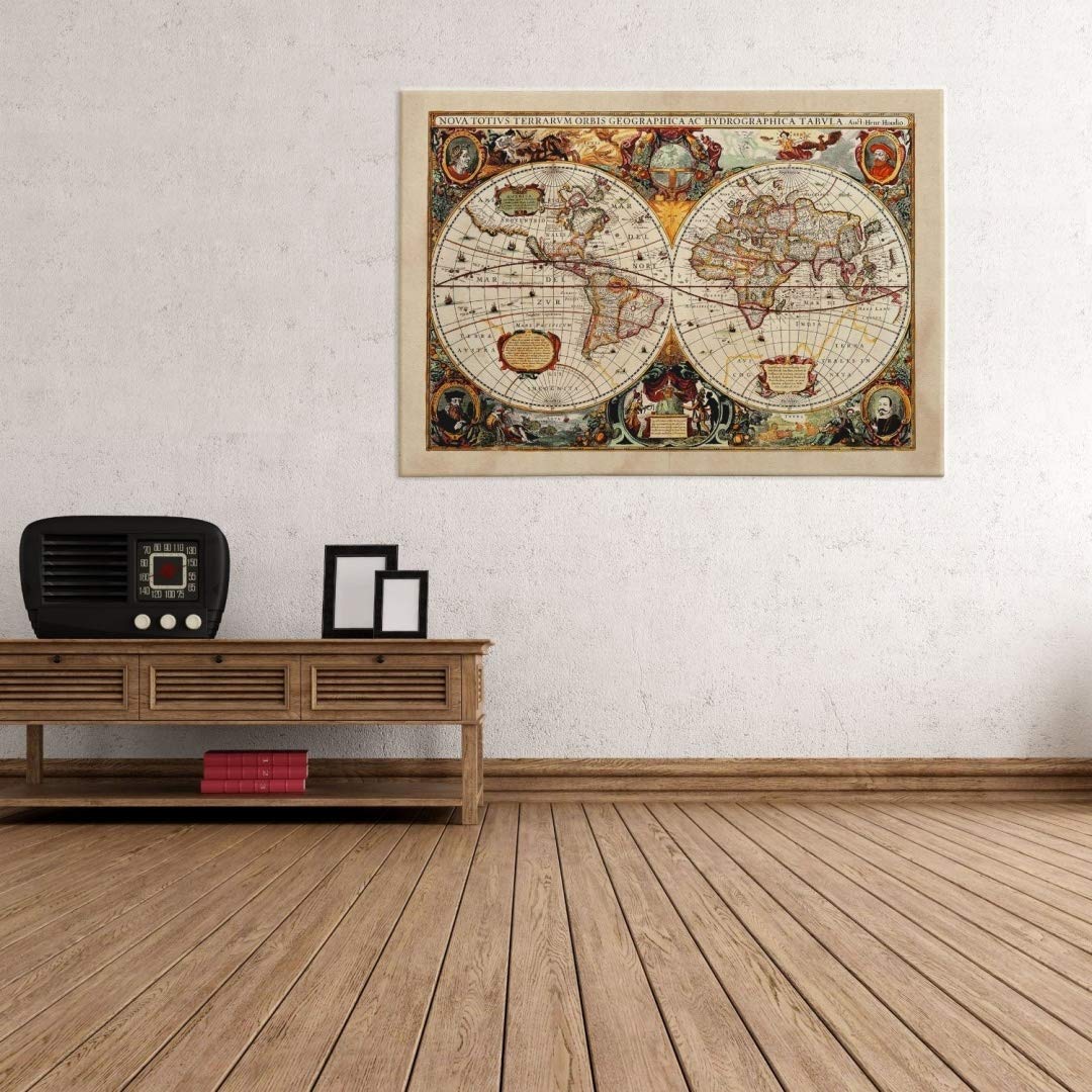 Quadro su Tela - INTELAIATO - Antica Mappa 1646 Mondo - World Map - Cartina Geografica - 50x70cm - Spessore 2cm