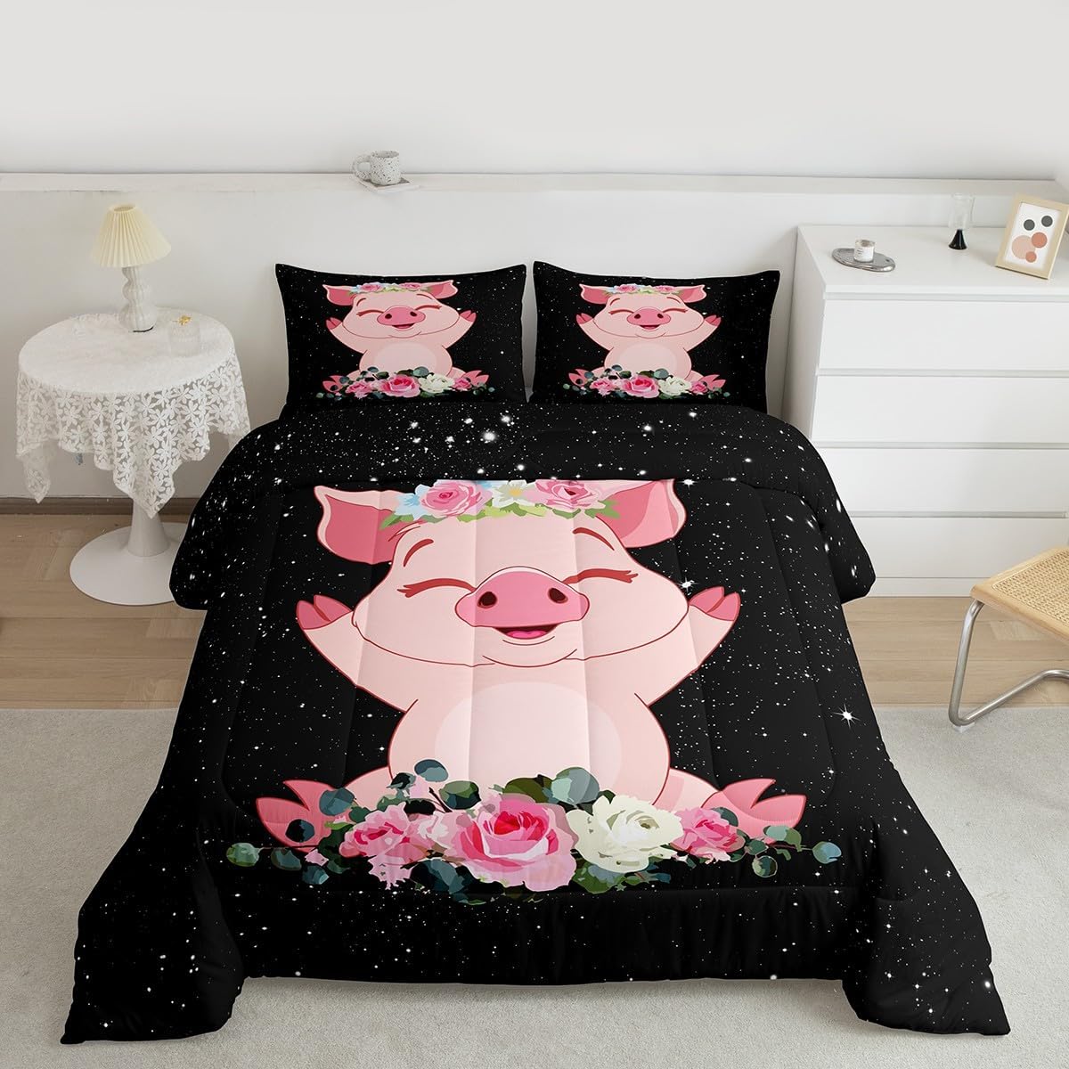 Erosebridal Pink Pig Comforter Set for Girls Kawaii Room Decor Queen, Rose Floral Leaf Duvet Insert for Kids Boys Children Cute Farm Animal Quilt Cartoom Style Soft Lightweight Bedding Set 3 Pieces