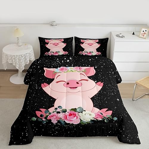 Miniatura 2 de Erosebridal Juego de edredón de cerdo rosa para niñas, decoración de habitación Kawaii, tamaño individual, relleno de edredón de hojas florales