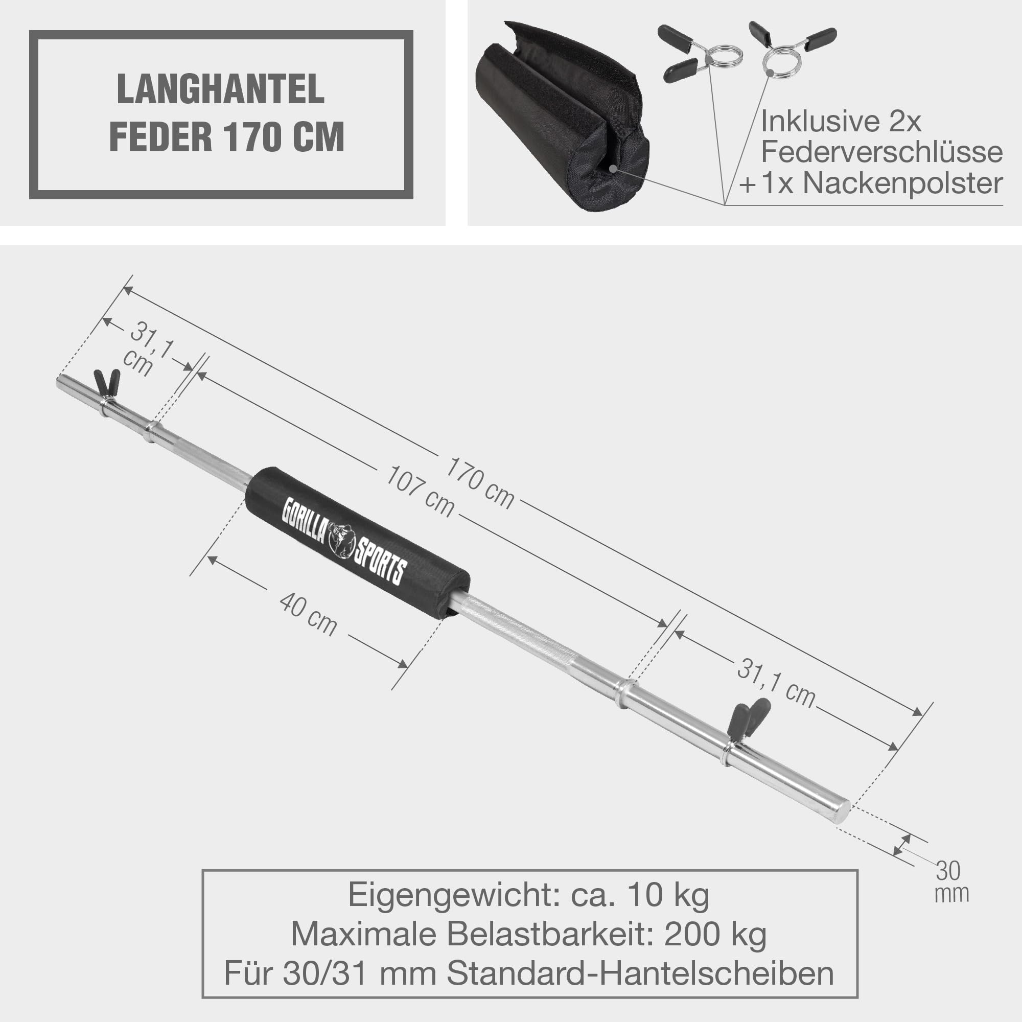 Gorilla Sports Barre Longue de 170cm avec Bague de Serrage, diamètre 30mm avec Coussin de Protection