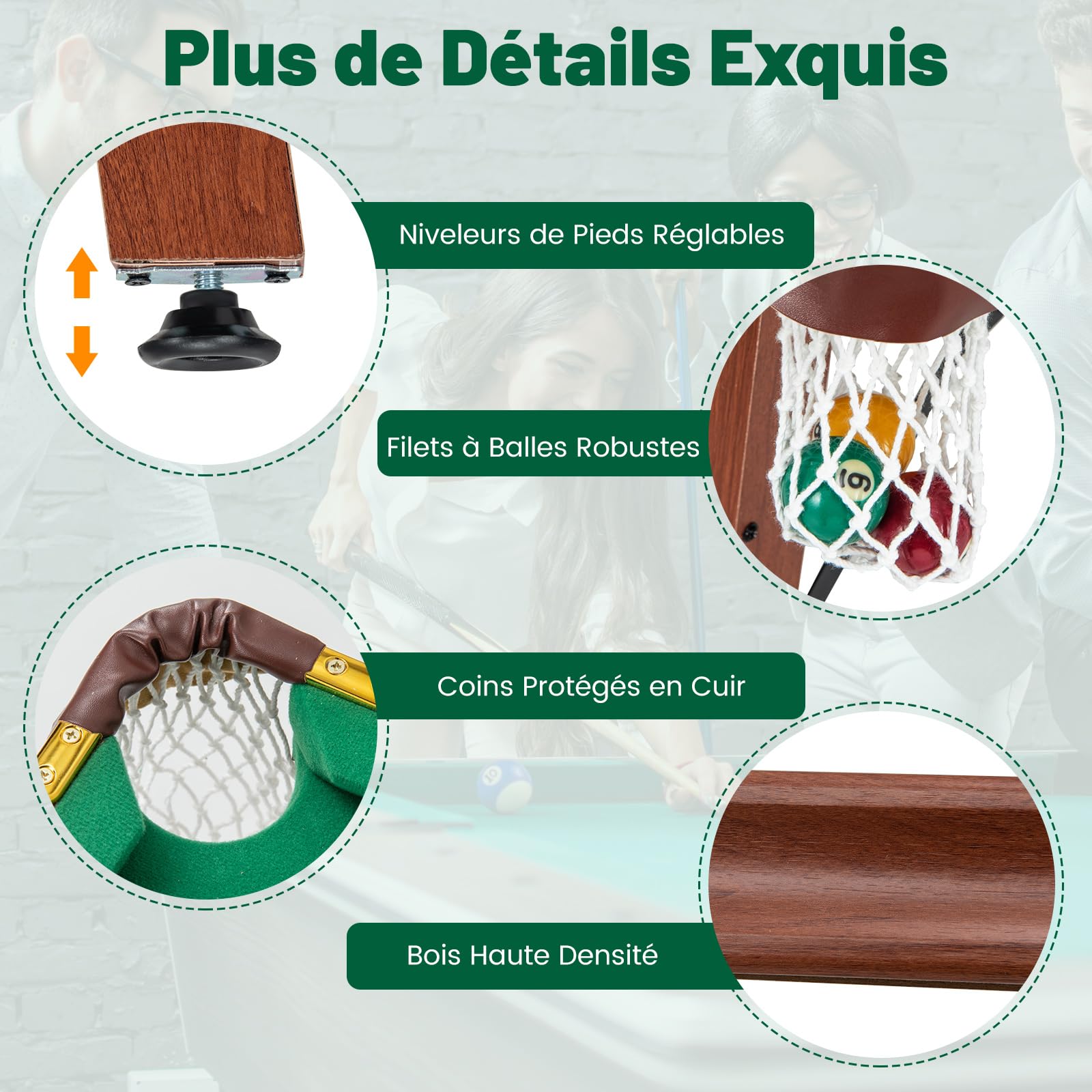 COSTWAY Table de Billard Americain Pliable avec Accessoires(2 Queues, 16 Boules, Triangle, 2 Craies, Brosse), Jeu de Billard avec Pieds Réglables, Marron et Tapis Vert, 138 x 67 x 79,5 CM
