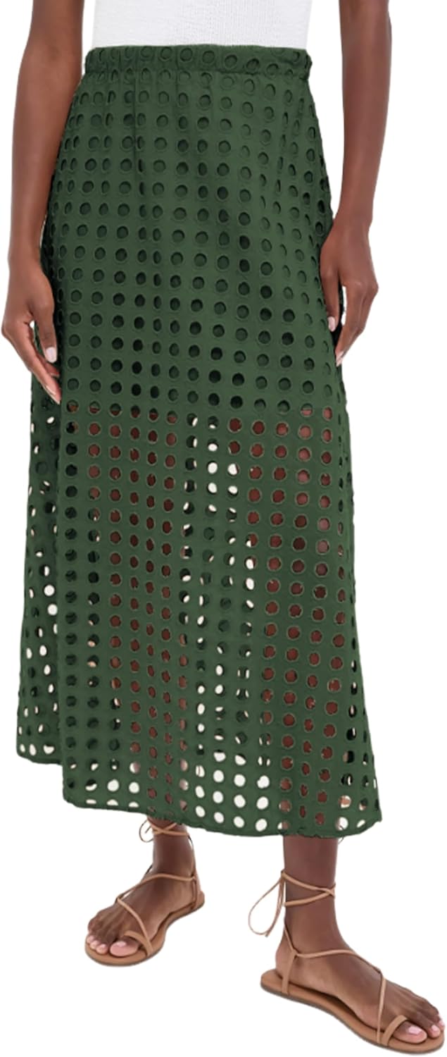 Ailoqing 2026 Summer Casual Long Skirt for Women Cotton Eyelet Beach Maxi Skirt with Underneath