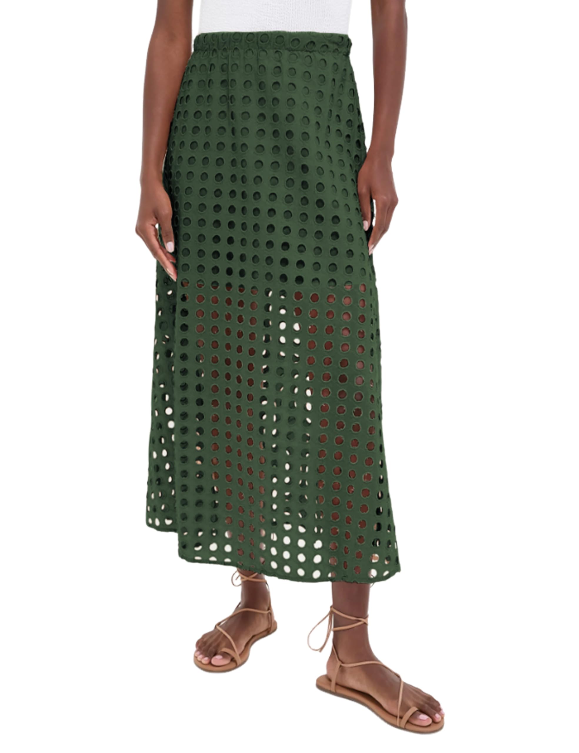 Ailoqing 2025 Summer Casual Long Skirt for Women Cotton Eyelet Beach Maxi Skirt with Underneath