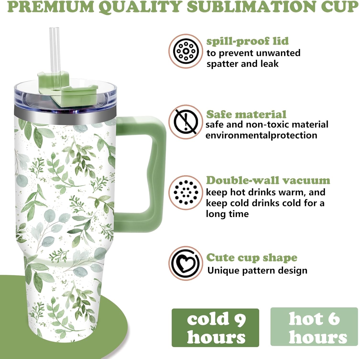 1Pc Greenery Tumbler with Handle Lid Straw 40oz Green Eucalyptus Leaves Stainless Steel Travel Tumbler Cup for Iced Coffee Birthday Party Favor - Image 4