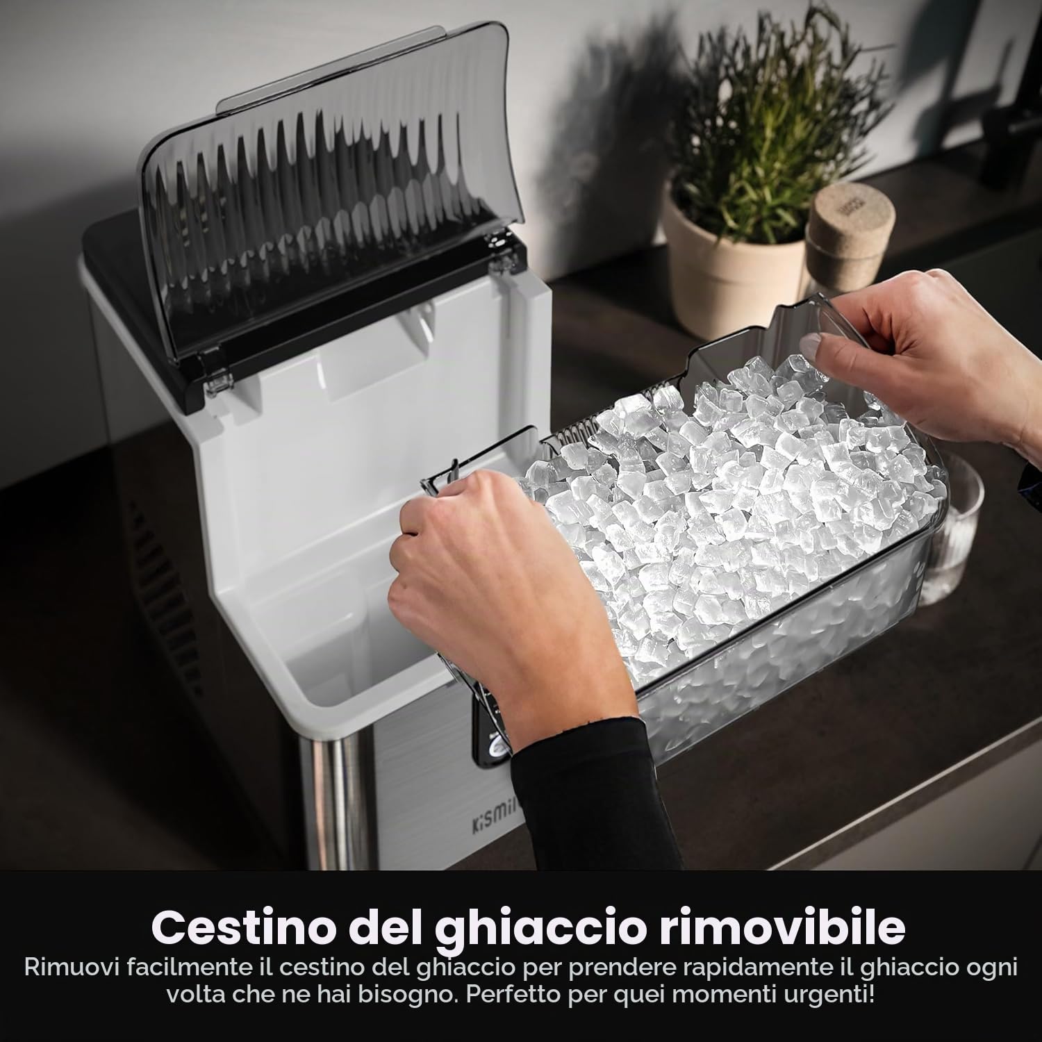 Kismile Nugget Ice Makers - Macchina per il ghiaccio portatile con ghiaccio tritato, 15,9 kg/giorno, autopulente, funzionamento con un clic per uso domestico (argento)