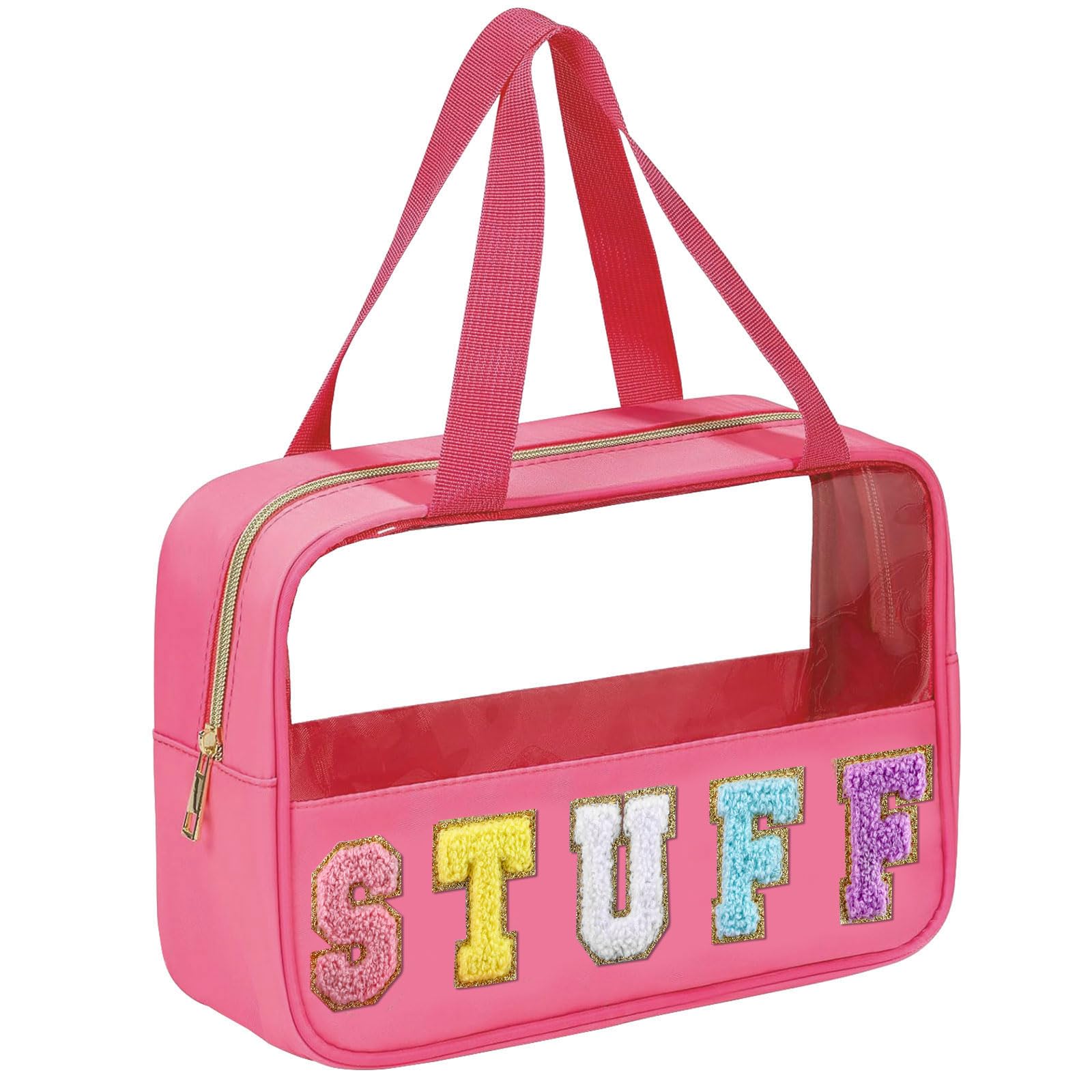 BuyCard Chenille Letter Patch Clear Travel Bags, Preppy PVC&Nylon Makeup Bag with Handle and Zipper, Waterproof Large Clear Travel Toiletry Bag