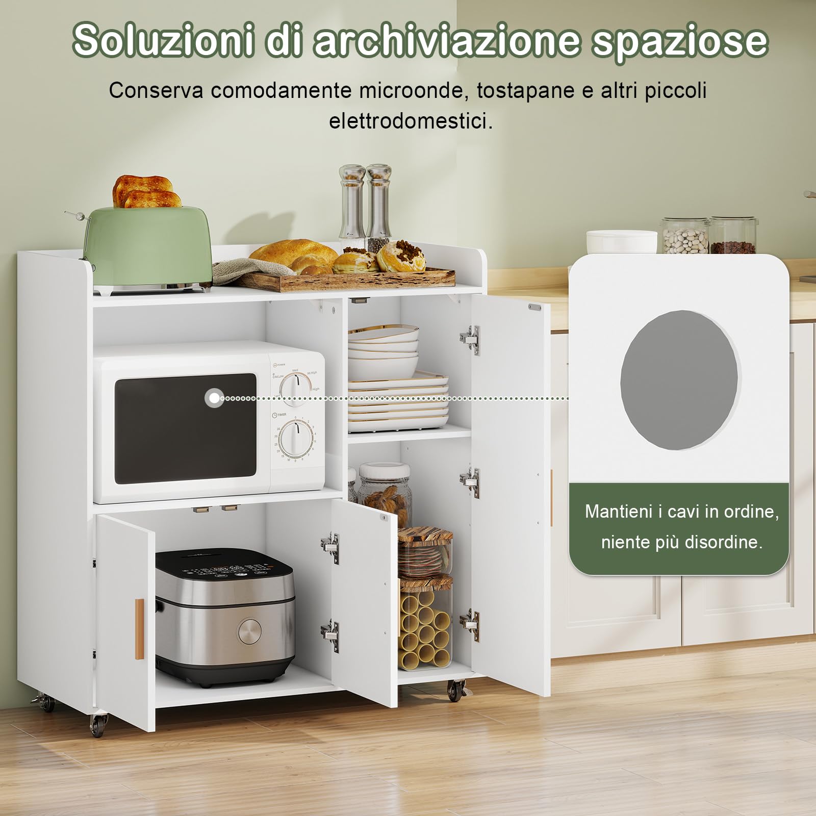 YU YUSING Carrello Cucina con Ripiano Aperto, Mobile Microonde con 4 Ruote