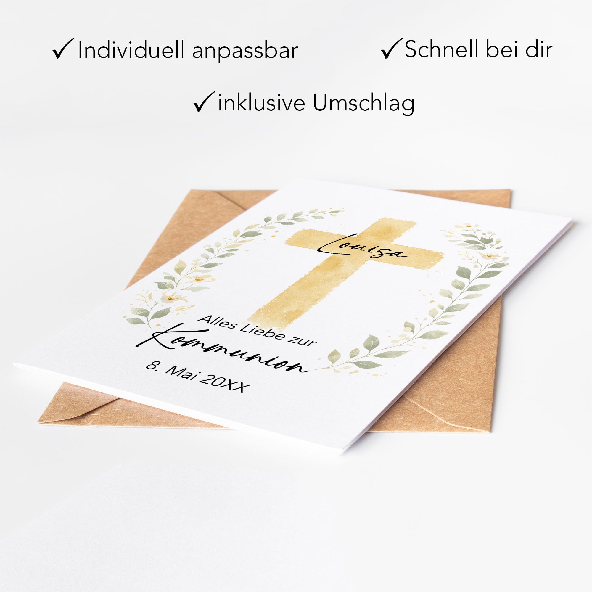 Personalisierte Kommunionskarte mit Name, Karte zur Kommunion mit Kreuz Design als Faltkarte für Mädchen Jungen - Glückwunschkarte & Geldgeschenk - 3