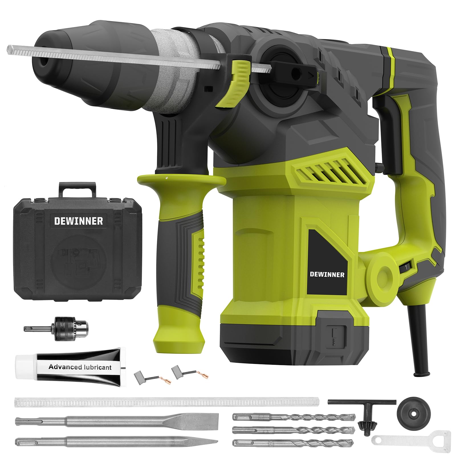 DEWINNER Martillo Percutor SDS-Plus,1500 W, 6 velocidades, 850RPM, 4400BPM, 5.5J, embrague de seguridad y tecnología antivibración, 3 funciones, incluye organizador, cincel y broca de 32mm