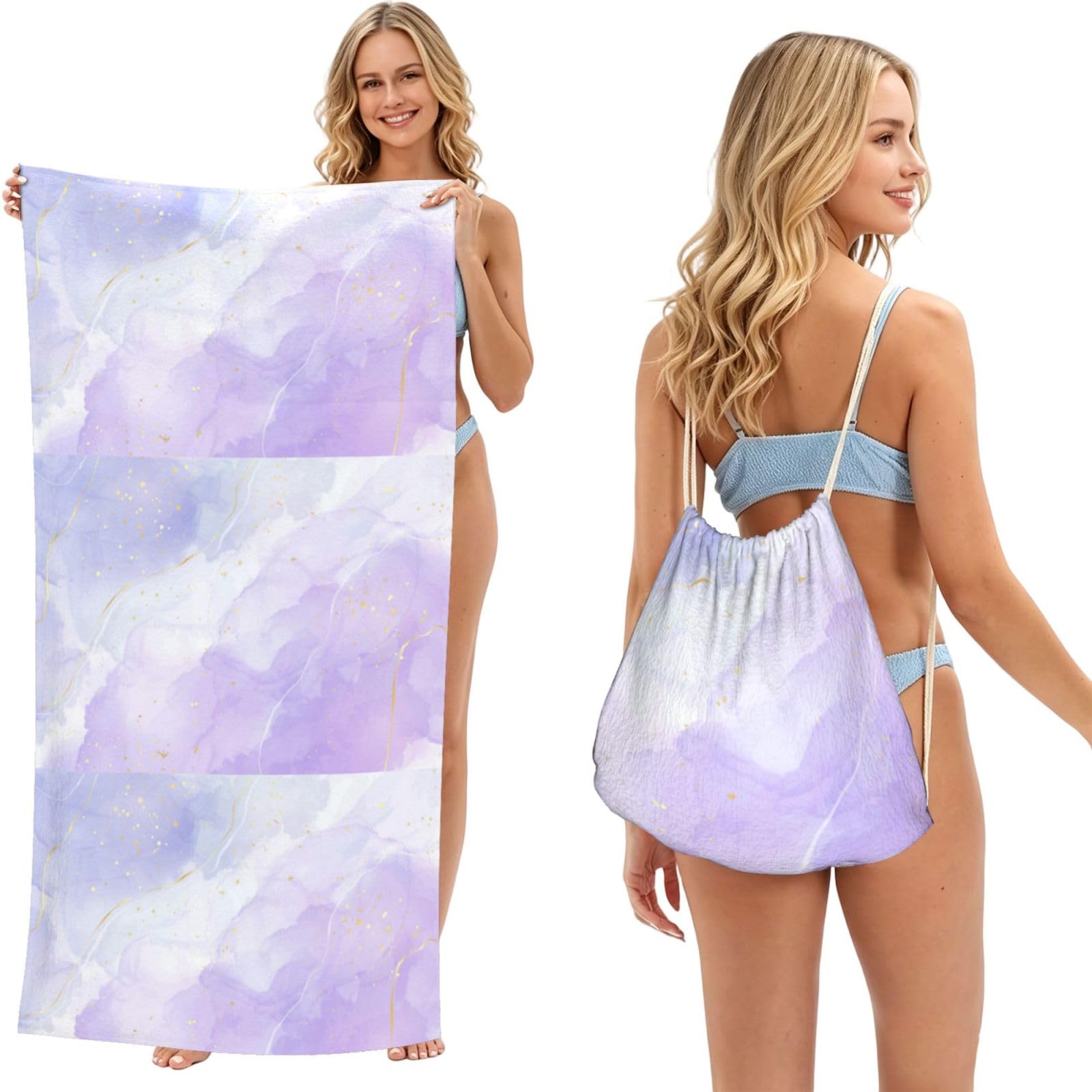 Poadnly As Picture Liquid Pastel Purple Marble, 2 In 1 Packable Towel Bag, Beach Towels With Drawstring Backpack For Travel Holiday Camping