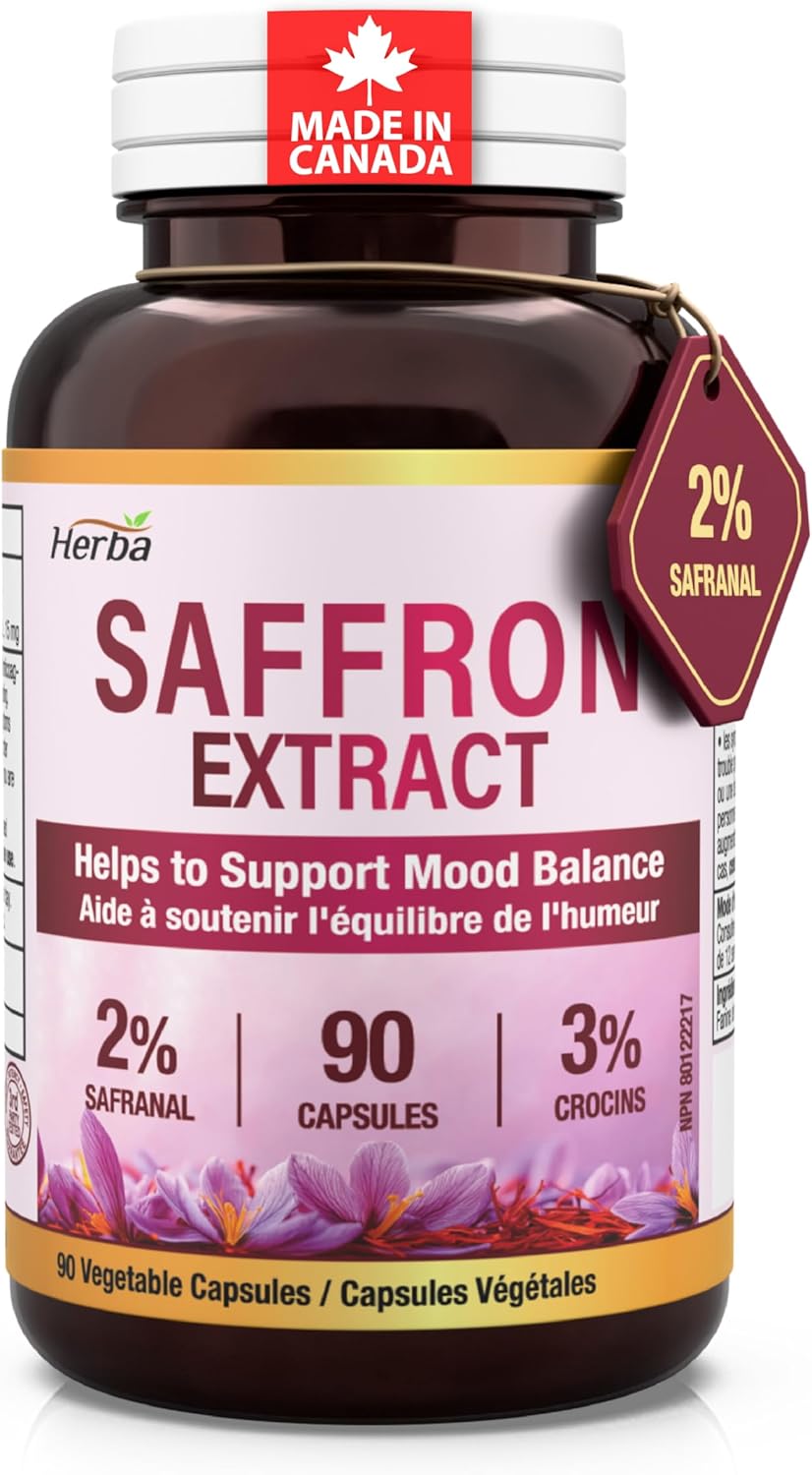 Product image of Herba Saffron Supplement – 90 Capsules | Ultra Potent 2% Safranal & 3% Crocin | Saffron Extract Sourced from Spain | 15mg from Pure Crocus Sativus | Helps Support Mood Balance | Made in Canada