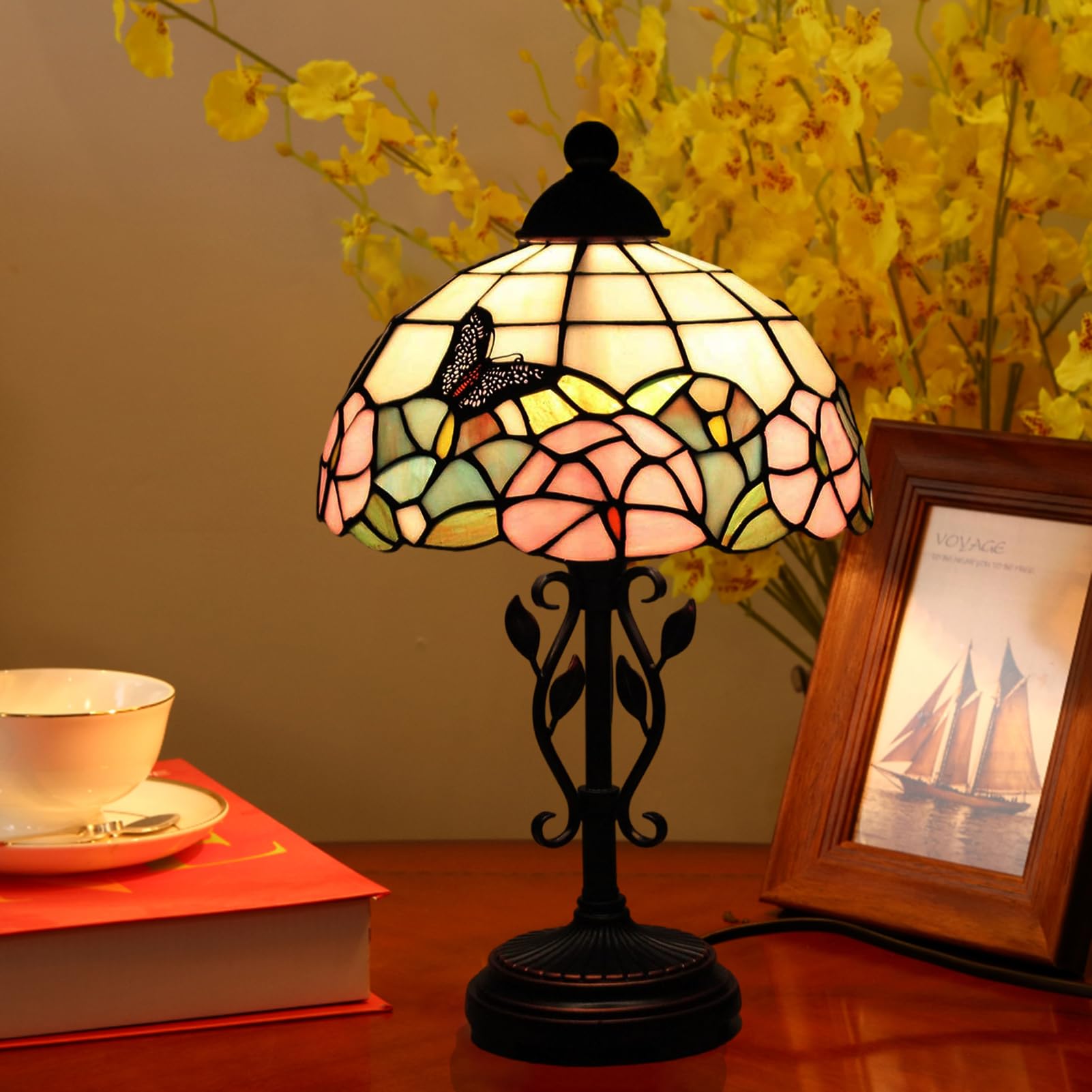 Tischlampe im Tiffany Stil,Vintage Nachttischlampe Schlafzimmer Deko Lampe,Jugendstil Tischleuchte,Butterfly buntglas lampenschirm 25cm / 10 Zoll,Harz-Basis mit Kabel und E27 LED Birne(B)