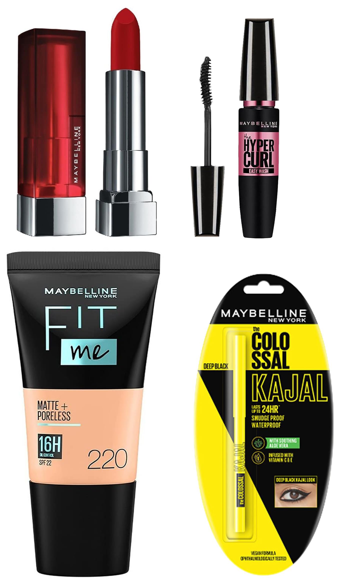 Maybelline New York Date Night Makeup Kit - Fit Me Foundation Tube Natural Beige + Hypercurl Mascara Washable + Colossal Kajal + Creamy Matte Siren In Scarlet, 1 Count-image-15
