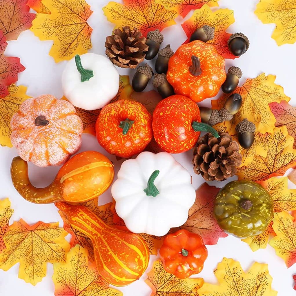 Monwssoe Halloween Decor, Thanksgiving Decoration Set Artificial Pumpkins Maple Leaves AcornsPinecones Mini Autumn Harvest Decorations, Set of 86