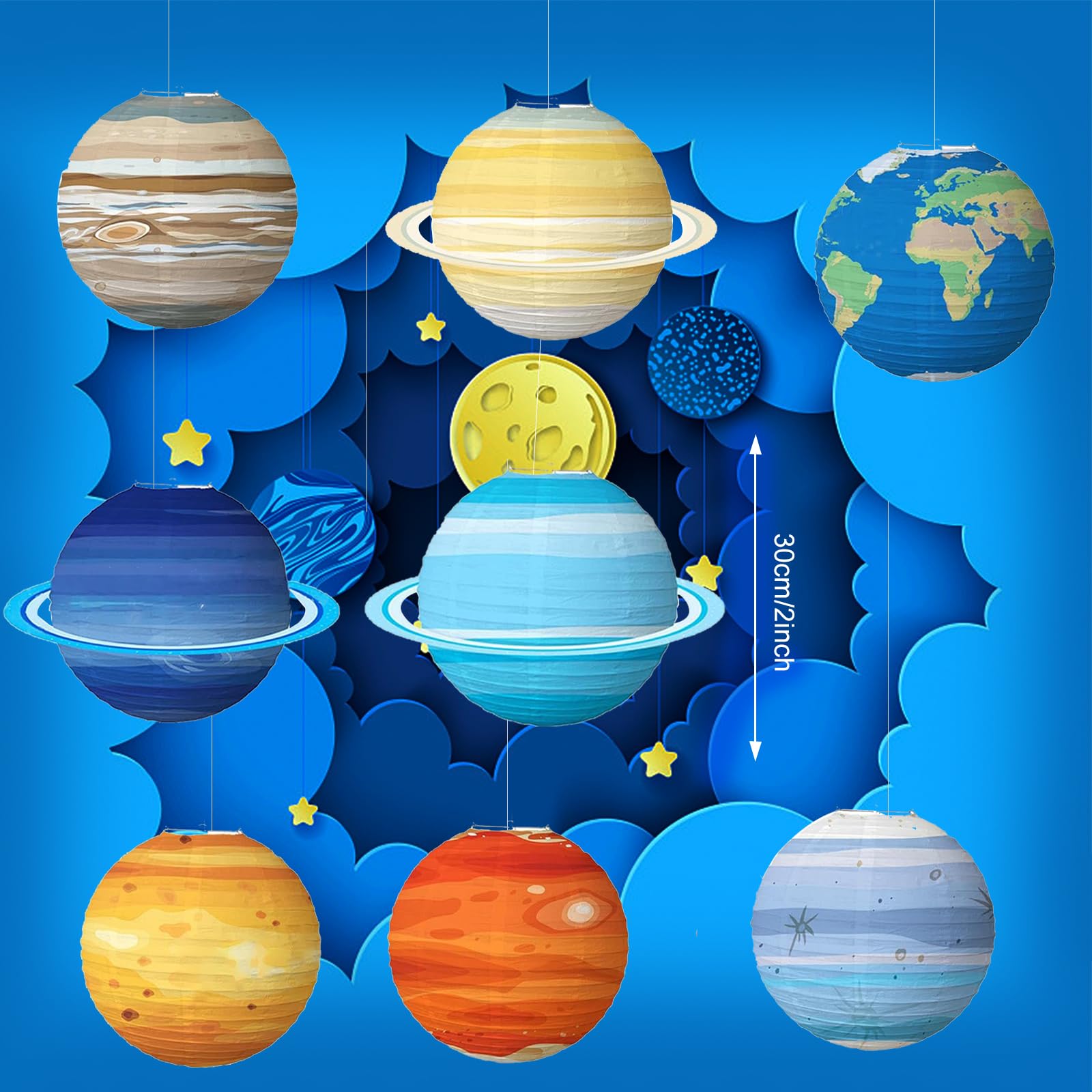 8 Pcs Planet Paper Lanterns, 12 inches Space Theme Lanterns Hanging Planet Lanterns Solar System Paper Lanterns for Classroom Science, Birthday Patry, Outer Space Themed Party Decorations