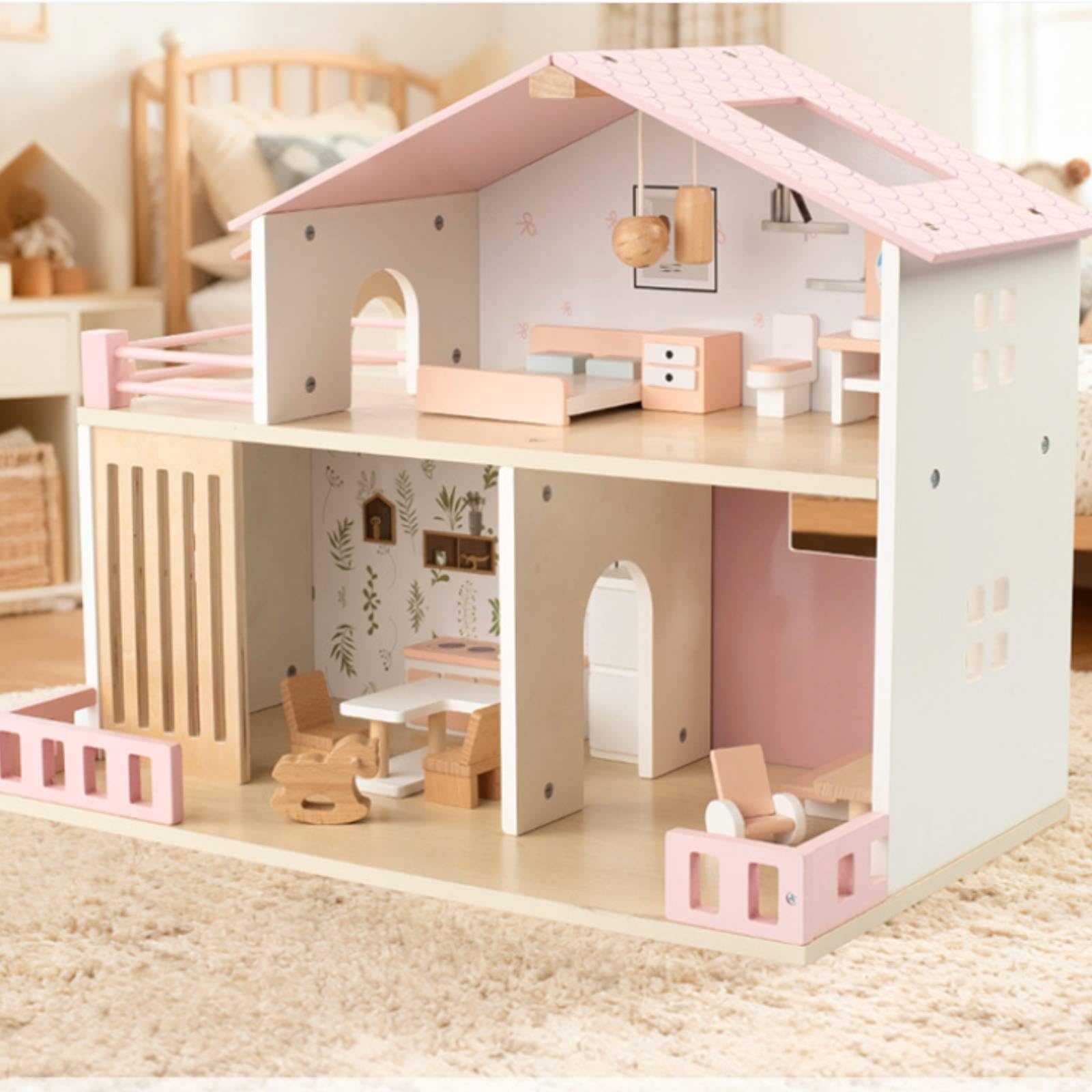 Puppenresidenz Pastellfarben fördert Fantasie Villa-Puppenhaus Offenes Puppenhaus für Rollenspiel, Kinder