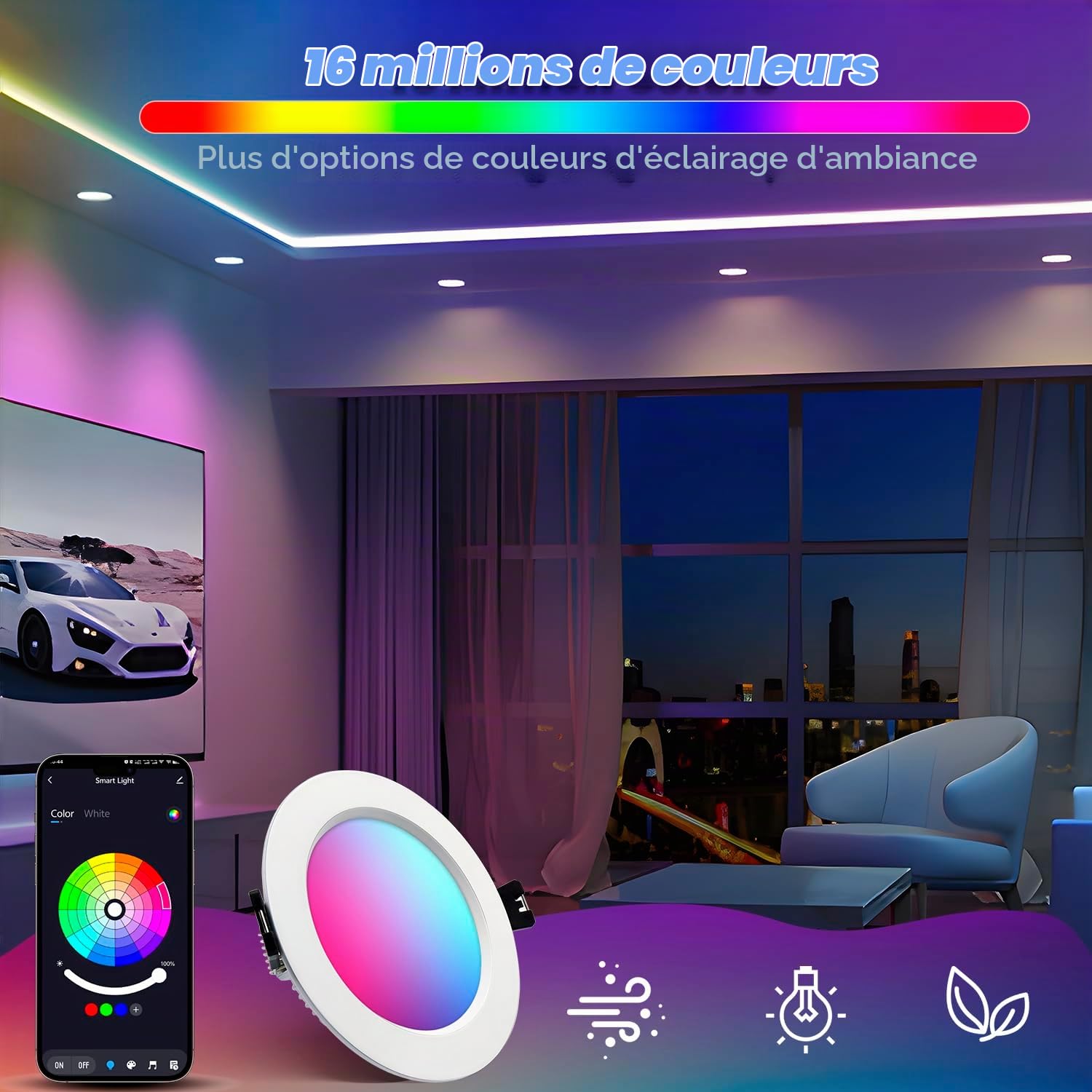 6x Spot LED encastrable 220V 10W, RGB+2700k Dimmable, Φ90-100 mm, Alu