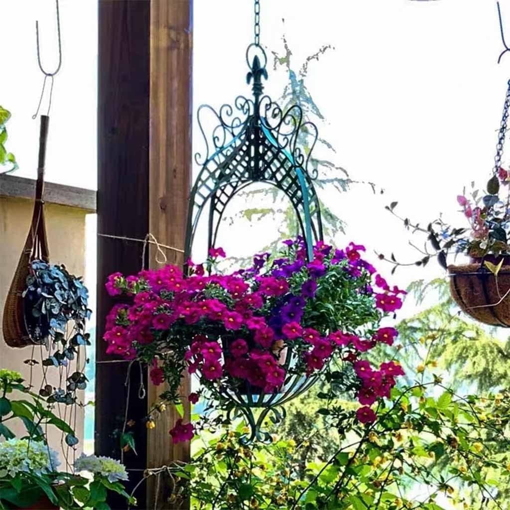 Panier de fleurs suspendu en fer forgé avec chaîne | Jardinière décorative intérieur/extérieur pour balcon, véranda et terrasse