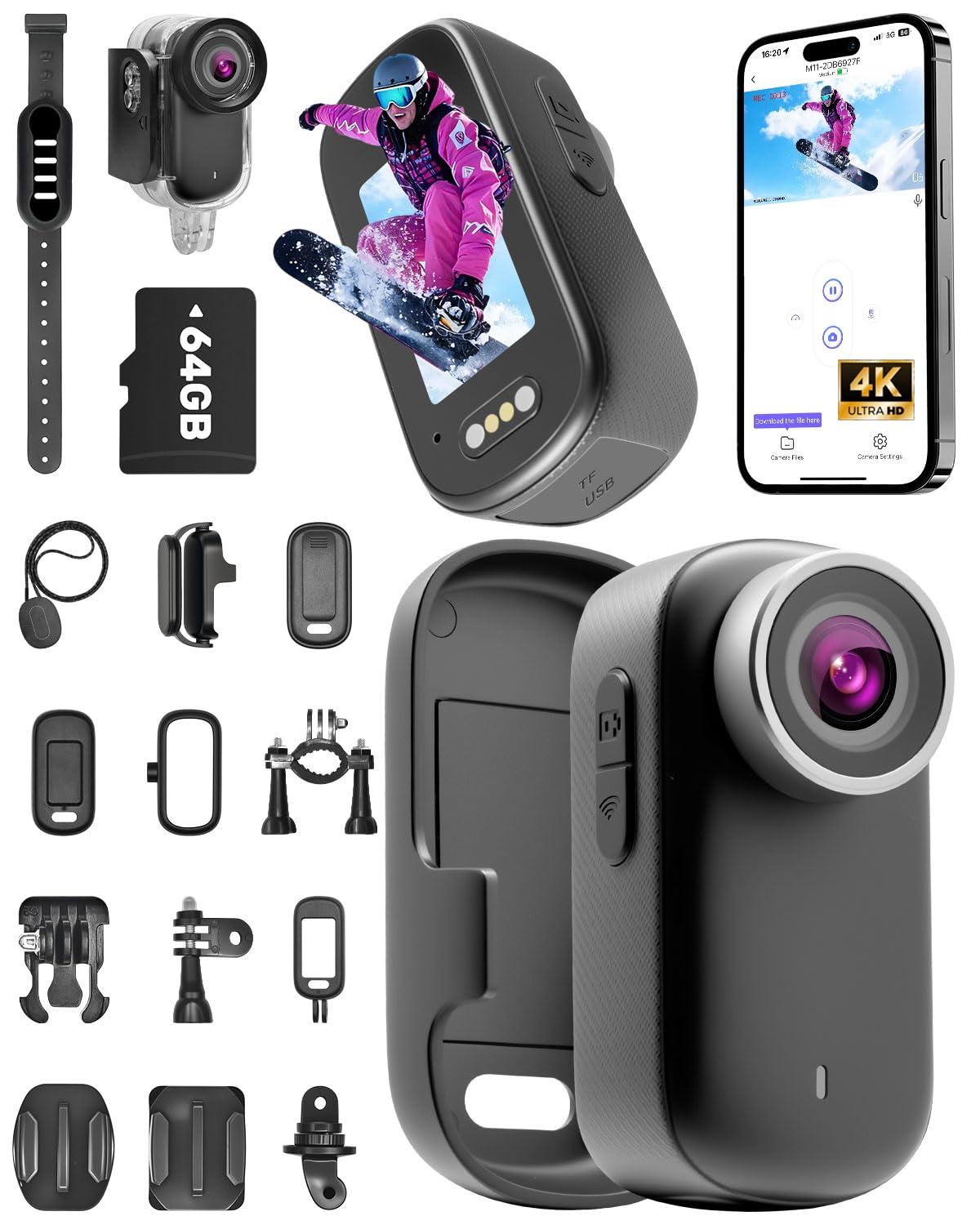 Action Cam 4K, Mini Body Cam con Scheda SD da 64 GB, Impermeabile Fino a 30 m, Autonomia della batteria di 180 minuti, grandangolo da 150° e display da 1,47 pollici, Videocamera vlog