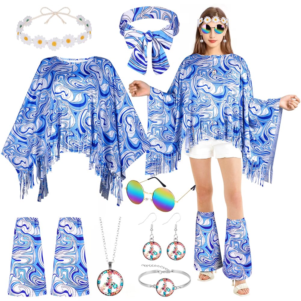 AOOWU Hippie Costume Accessories Set, 10 Pcs 70s Fancy Dress Women Disco Hippie Costume Outfits, Hippie Clothing Set with Hippie Cape Legs Sleeves Headband Sunglasses Earrings — image 1