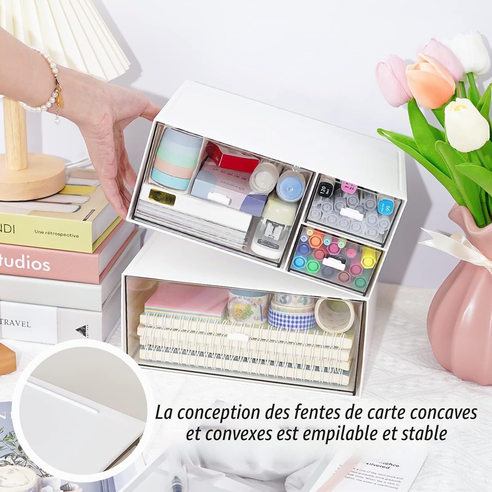 Organiseur de Bureau en Plastique avec Tiroirs, Empilable Grande Capacité, Boîte à Tiroirs pour Fournitures
