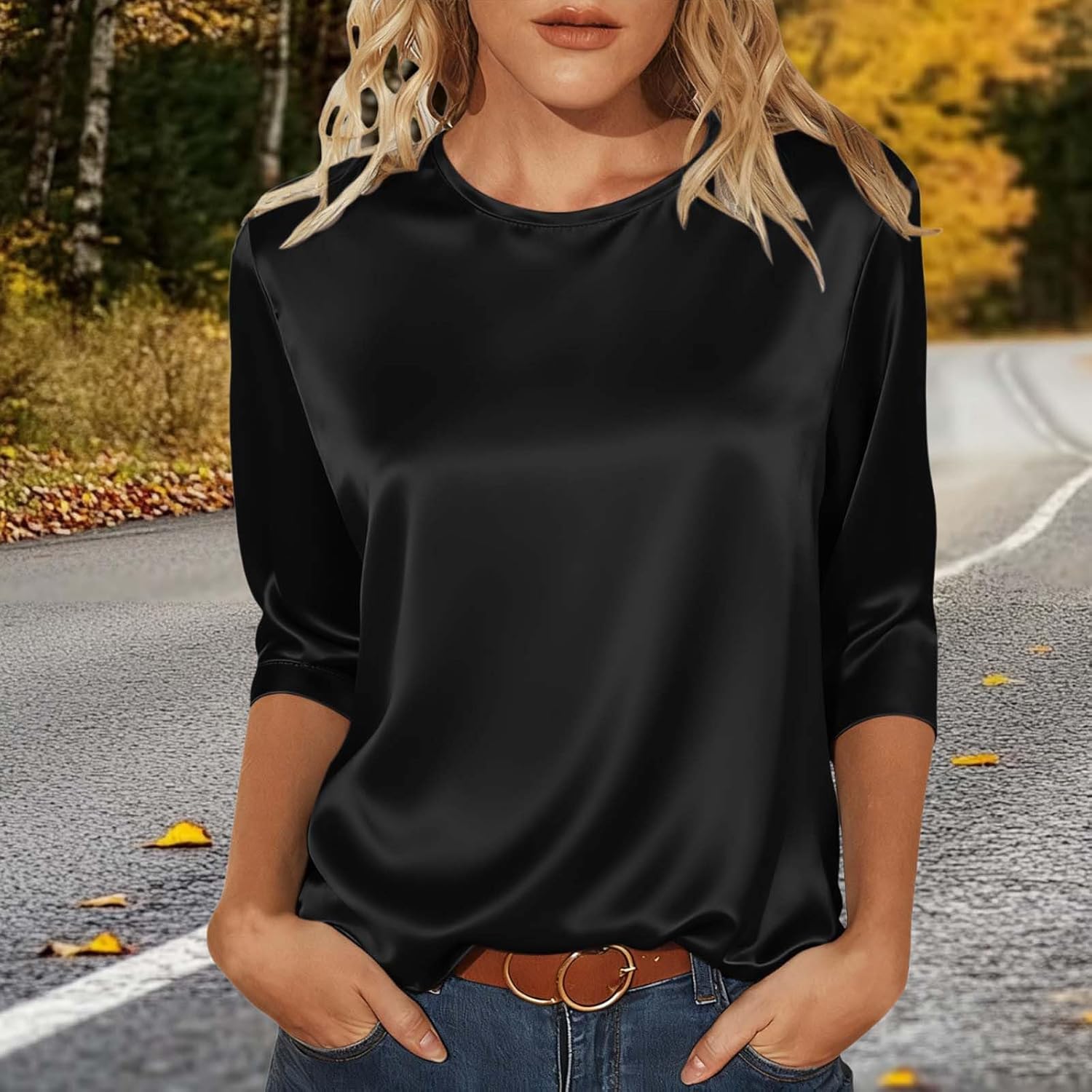 Blouses for Women Dressy Casual 3/4 Sleeve Shirts Satin Blouse Business Office Pullover Shirt Crewneck T-Shirt Tops - Image 2