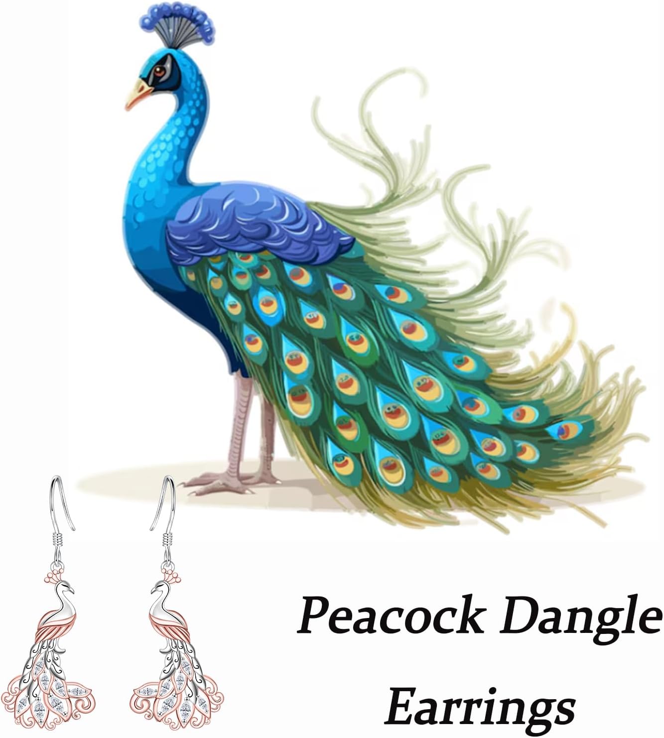 Peacock Dangle Earrings for Women - Silver Cubic Zirconia Rose Gold Boho Bird Peafowl Dangling Earring Jewelry Birthday Gifts
