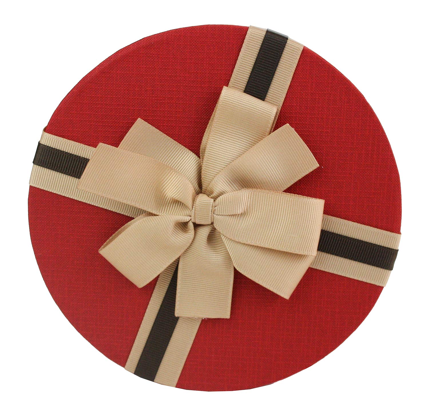 Emartbuy Boîte Cadeau Ronde Blanche Avec Couvercle Rouge Et Ruban Marron Rayé 22 X 16,5 Cm