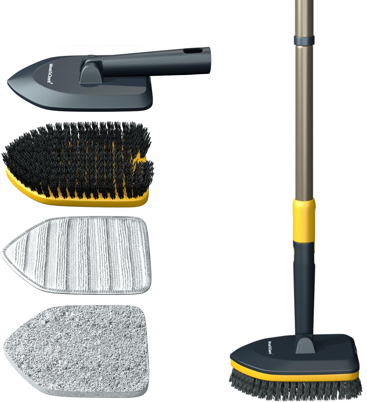 MinuteToCleanIt Bathroom Cleaning Brush with Long Handle, Hard Bristles, Microfiber Pad & Scrubber Combo for Tiles, Floor, Toilet, Window & Glass - 58.2 Inch Extendable Pole, Detachable Head, Yellow