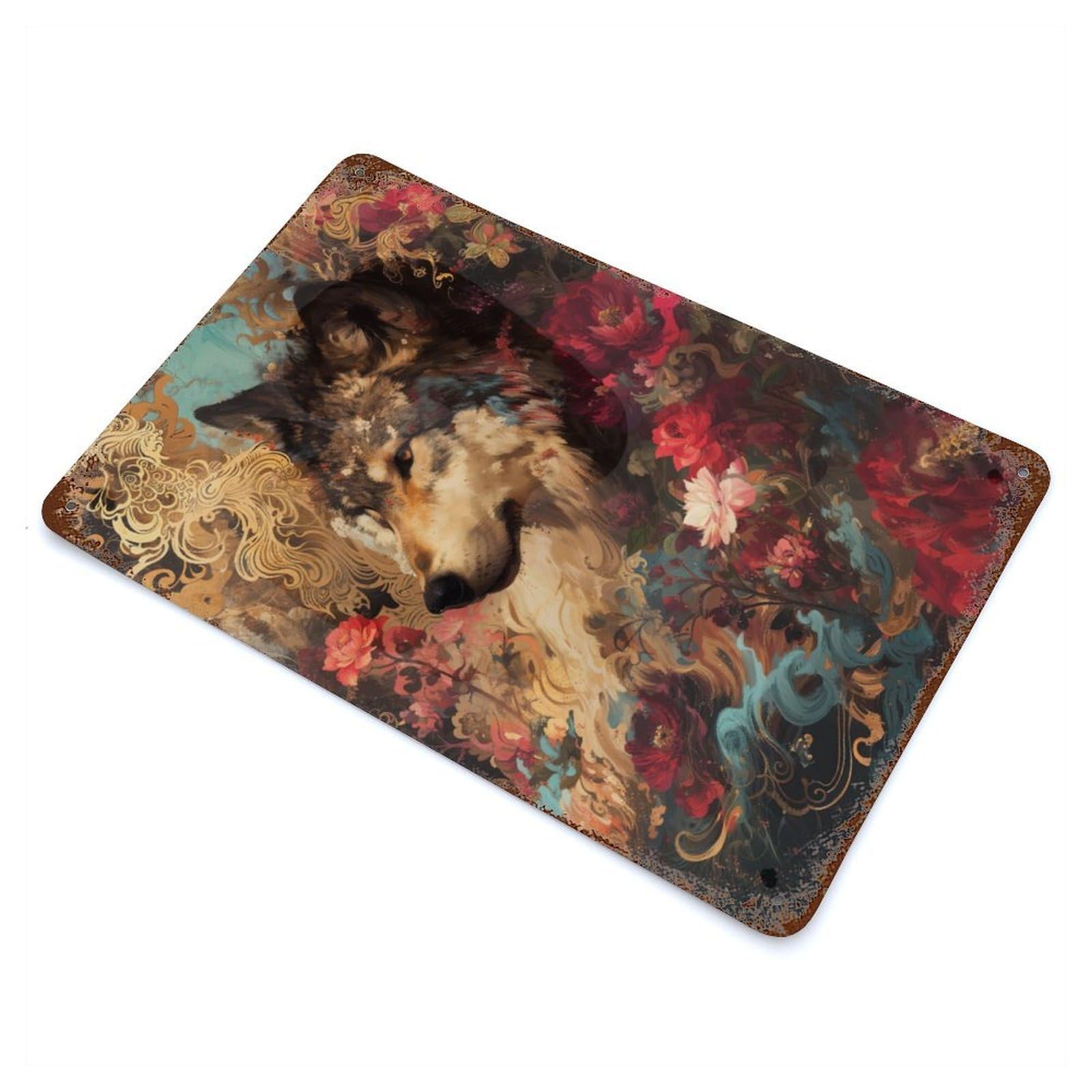 Retro Metal Sign Wolf Blossom 11.8"x7.9", Retro Wall Decor for Living Room, Hallway And Home Decor