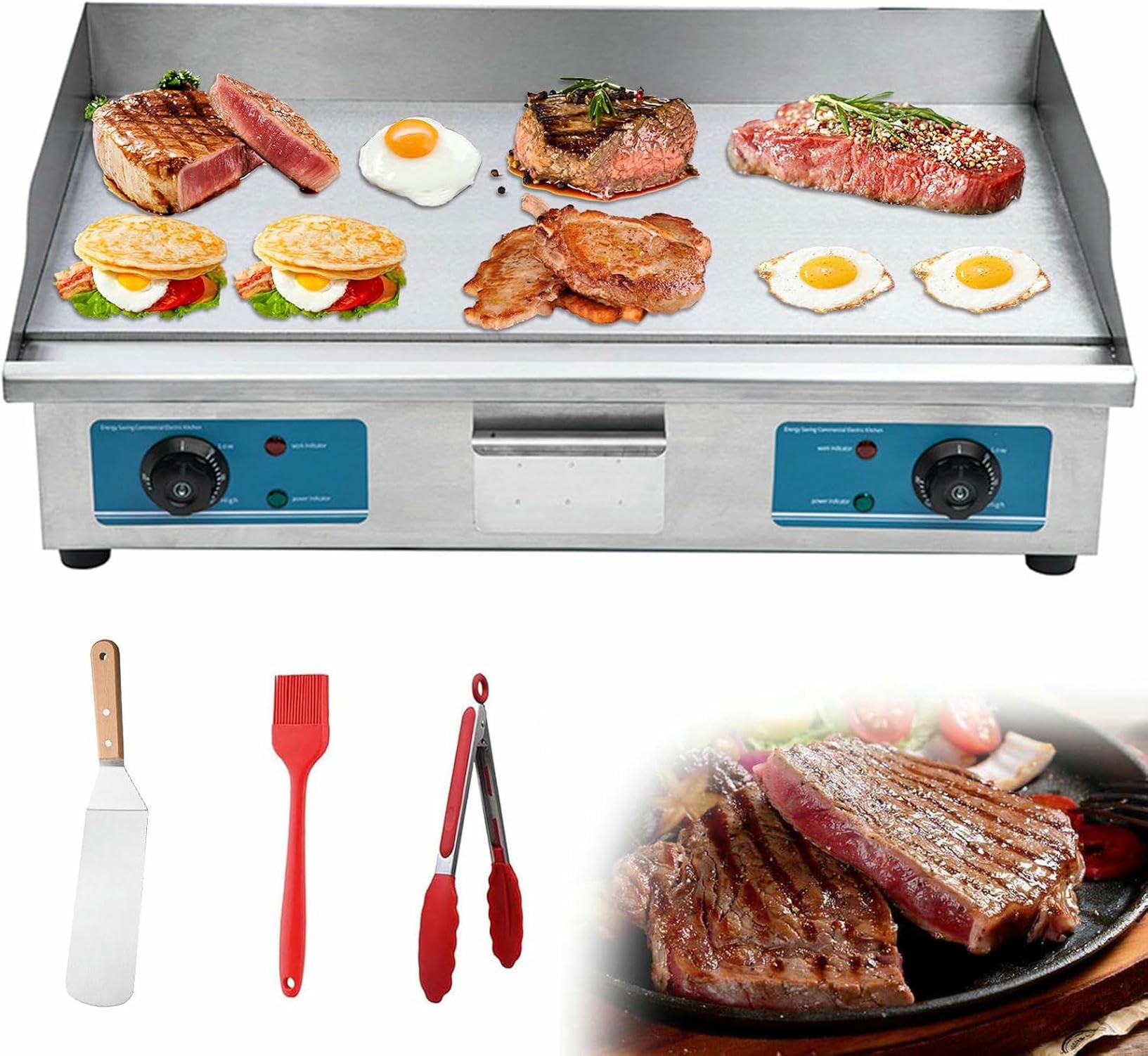Fhrka 820 Electric Countertop Griddle Flat Top Grill Hot Plate Bbq Commercial Grill With Large Cooking &Adjustable Temperature Control (820)