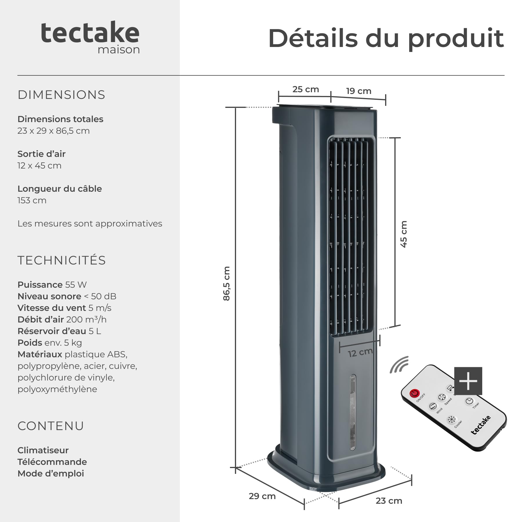 tectake® Rafraichisseur d'air 4-en-1, Refroidisseur Portable, Ventilateur, Humidificateur, Purificateur d'air HEPA, Réservoir 5 L, 3 Modes, 3 vitesses, Oscillation, Minuterie 12H, Silencieux, Gris
