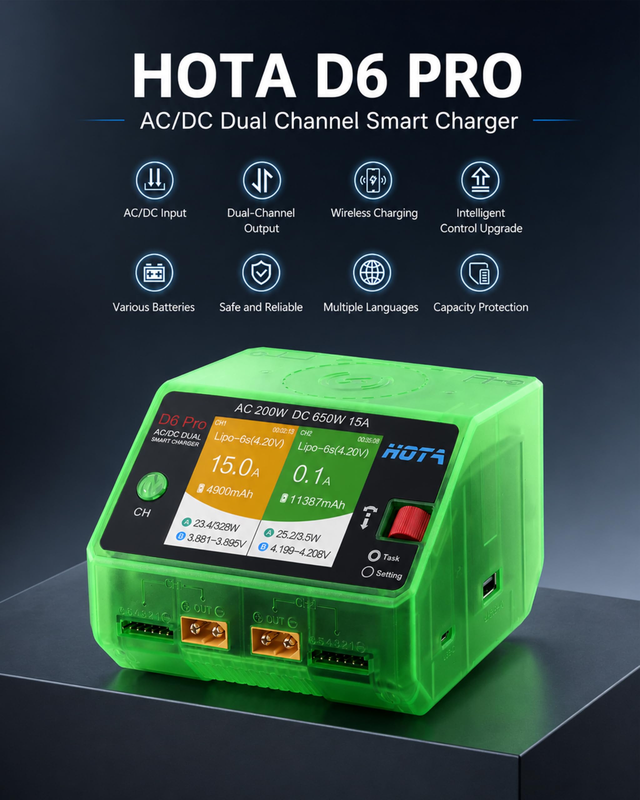 HOTA D6 Pro Caricabatterie LiPo, Caricatore Bilanciato Doppio Canale 15A AC200W DC650W con pannello di ricarica wireless uscita USB,per batterie 1-6S LiPo LiHV NiMH Pb RC Auto Barca FPV