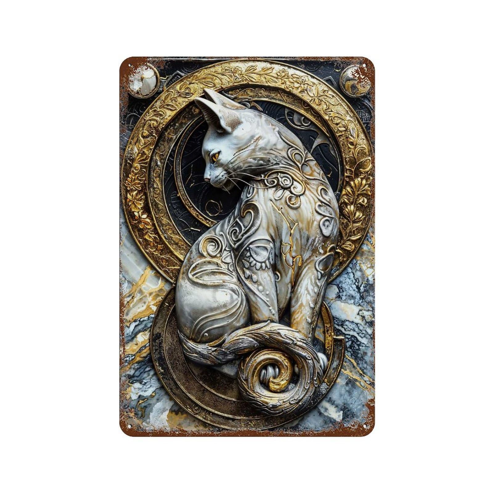 Regal Kintsugi Cat Art Rustic Tin Plaque 11.8"x7.9", for Shed, Workshop And Garage Wall Decor, Shabby Chic Decor
