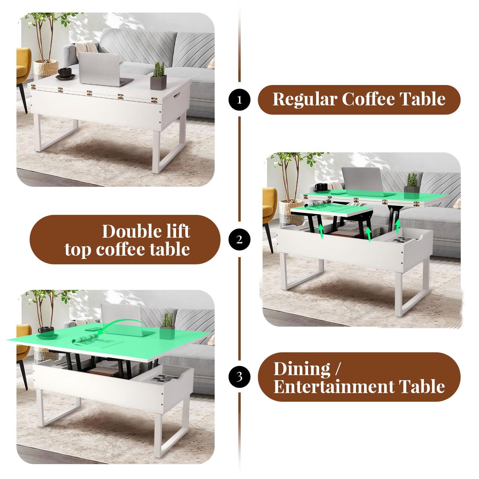 VOWNER Mesa de Centro Elevable, 3 en 1 Mesa de Salón Multifuncional con Almacenamiento Oculto, Mesa de Comedor Moderna Elevadora (Blanco)