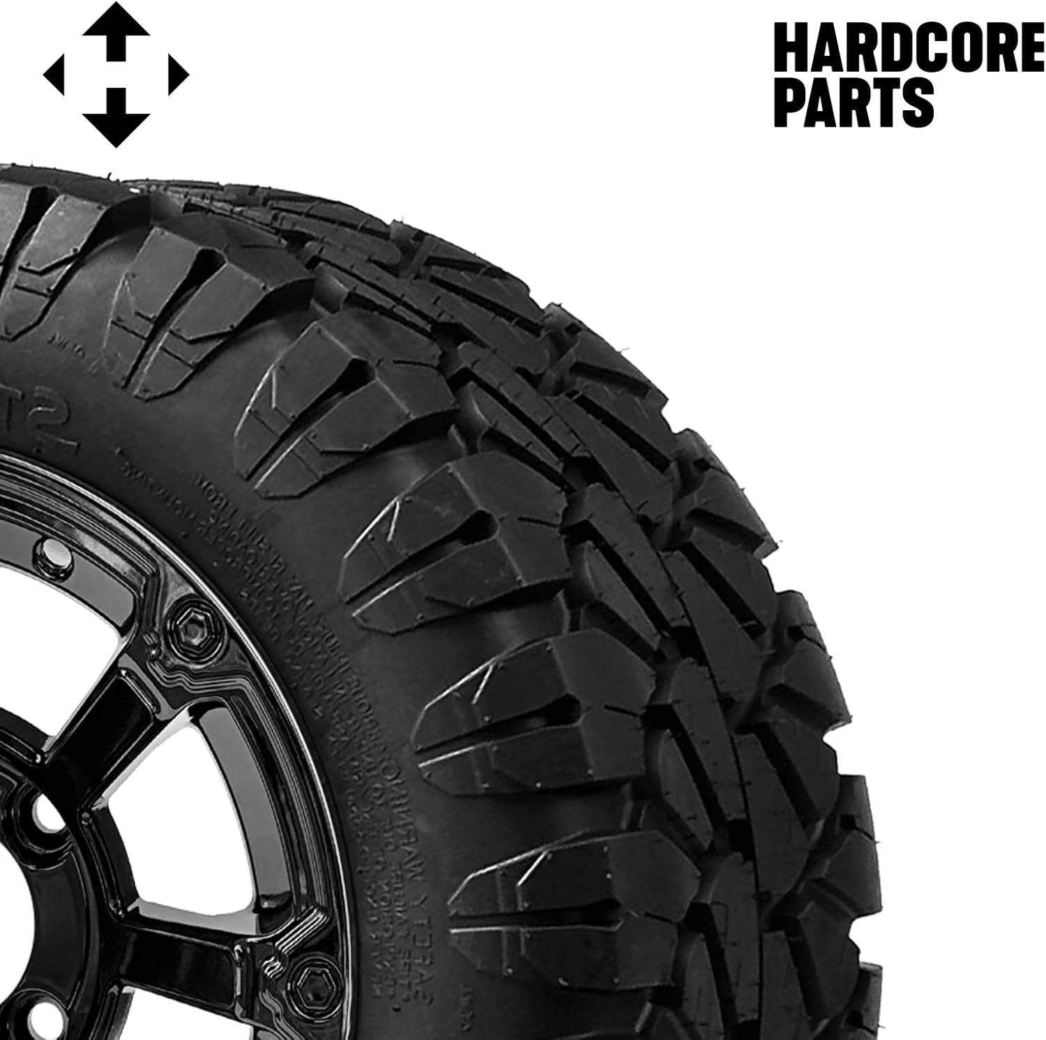 Hardcore Parts 12" Black 'CYCLOPS' Golf Cart Wheels and 22″x10.5″-12″ STINGER On-Road/Off-Road DOT rated All-Terrain tires - Set of 4, includes Black 'SS' center caps and 12x1.25 lug nuts
