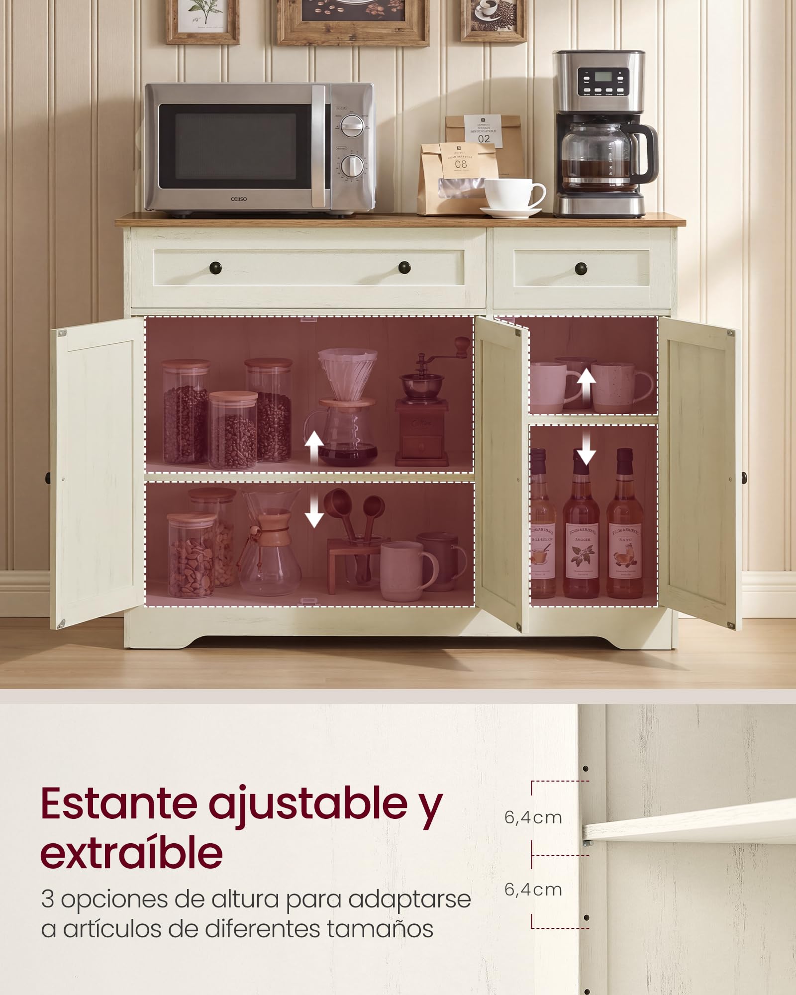 VASAGLE Siren Colección - Aparador, Armario Almacenaje, con 2 Cajones y Estantes Ajustables, 3 Puertas, Rincón de Café, 40 x 106,8 x 80 cm, Blanco Rústico LSC531WJ01