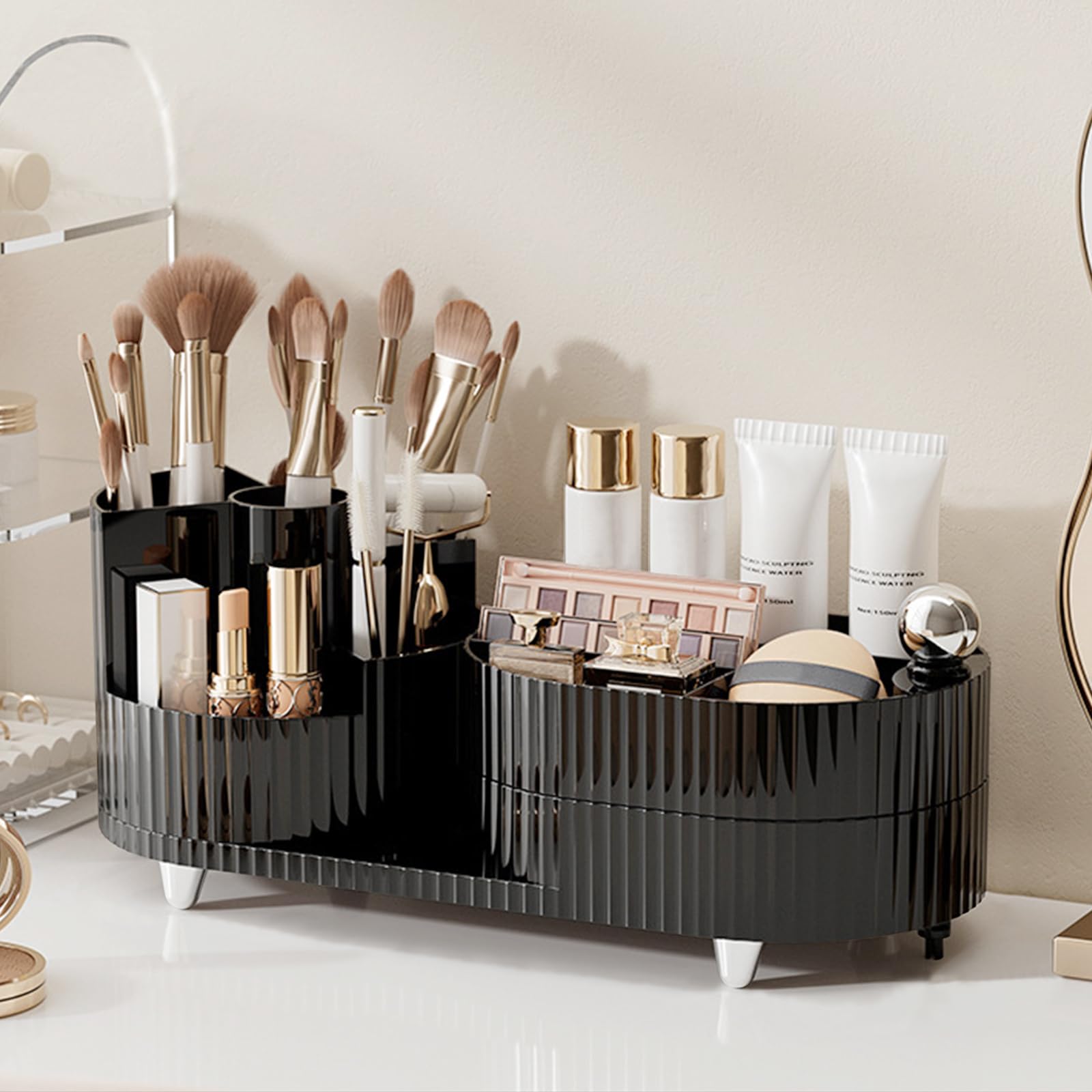 DASITON Makeup Organiser with Drawer, 360° Rotating Makeup Brush Holder, Makeup and Skincare Storage for Vanity Desktop - Image 2