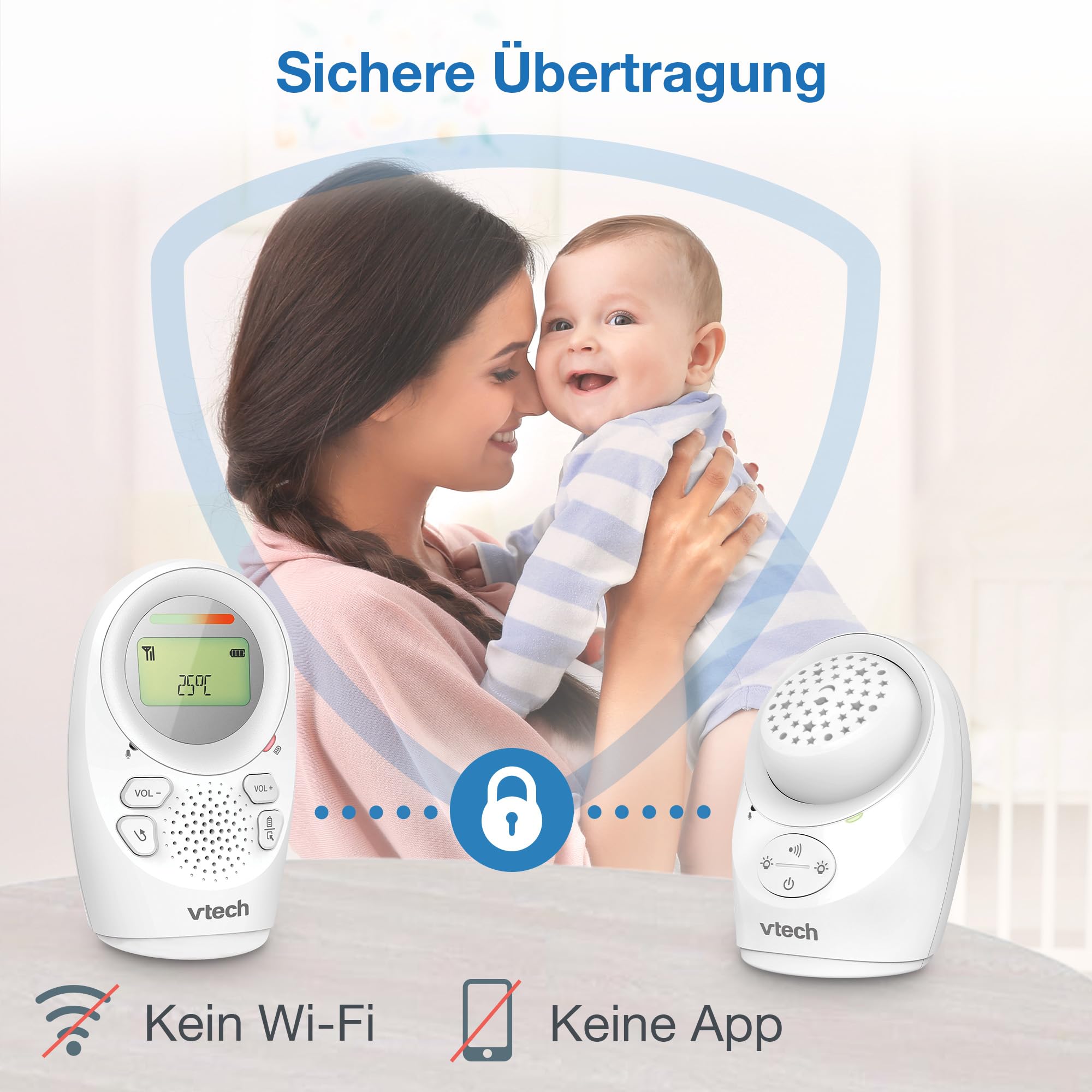 VTech Digitales Audio-Babyphon DM1212 – DECT-Technologie, Gegensprechfunktion, Geräuschpegelanzeige, Temperatursensor, Sternenhimmel-Nachtlicht u. v. m. – Mit Eltern- und Babyeinheit