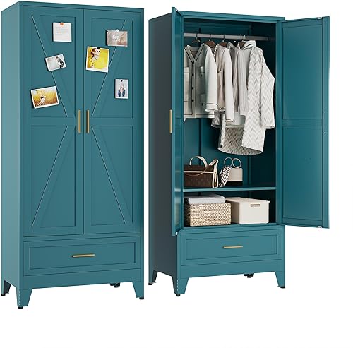 Miniatura 8 de Armario de metal Guardarropa Closet con Barra para Colgar, 71'' Gabinete Guardarropa de Metal con 2 Puertas y 2 Estantes Ajustables, Armarios de