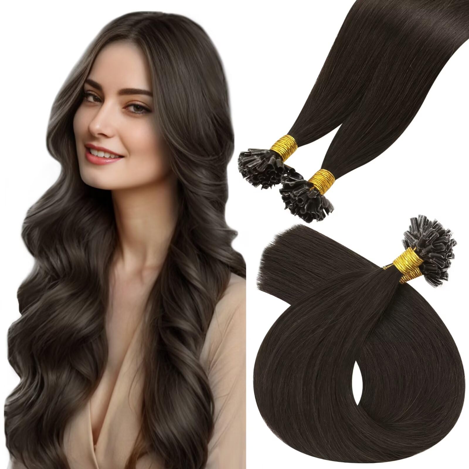 Vivien Bonding Extension Capelli Veri Cheratina Marrone 45cm Pre Bonded Extensions U Tip Capello Umano Lisci 50g 50s Hot Fusion U Tip Capelli Veri Remy Human Hair Keratina #2 Marrone Scuro