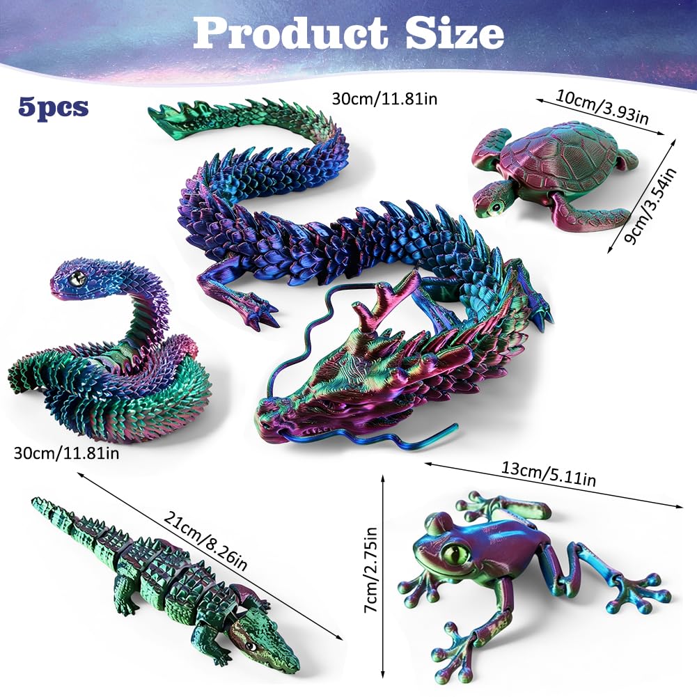 3D Printed Animal Set 6pcs, Dragon, Snake, Turtle, Crocodile - Image 2